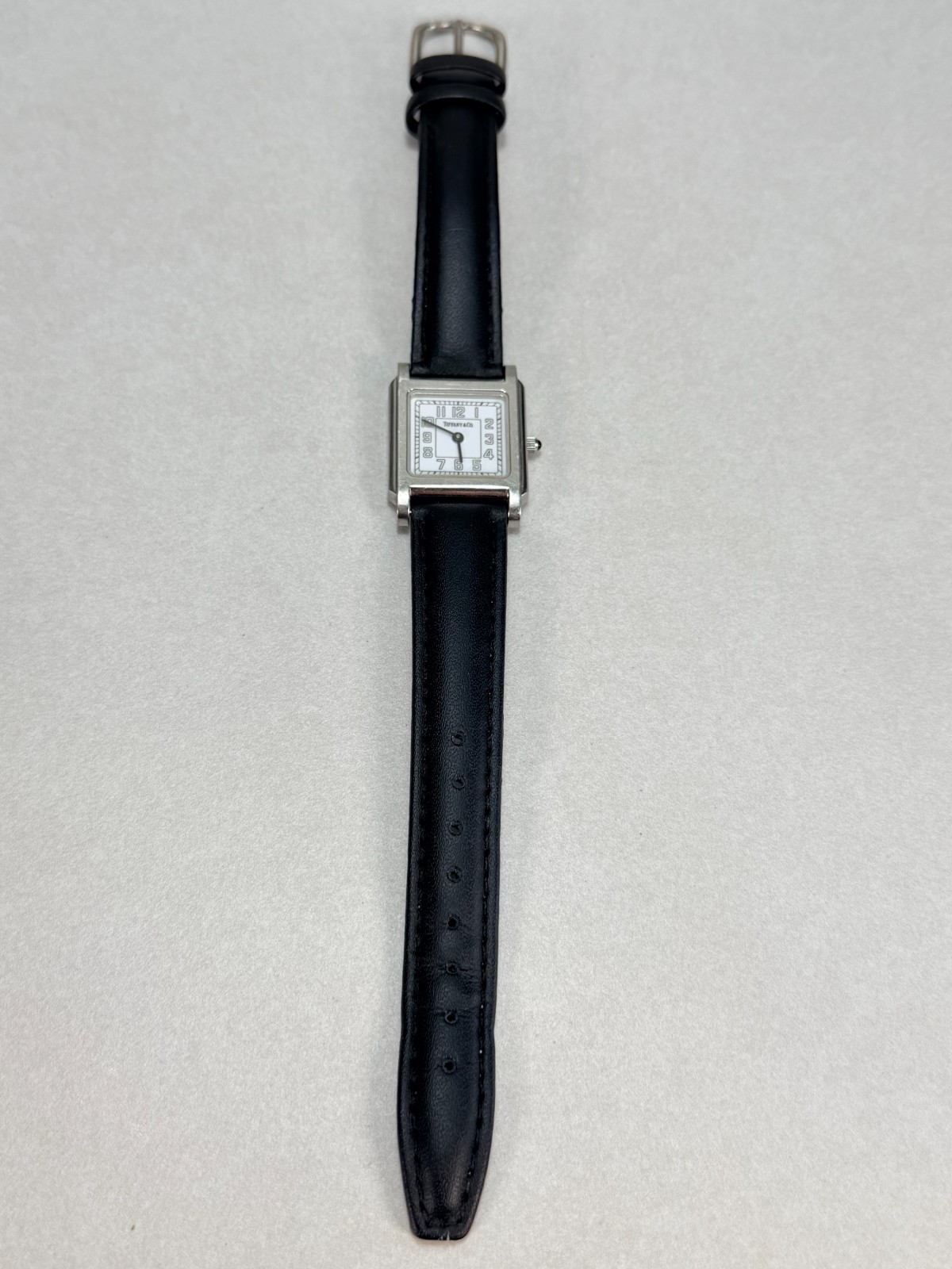 Tiffany & Co Swiss Made Tank Watch Stainless Steel Quartz Leather Strap Working