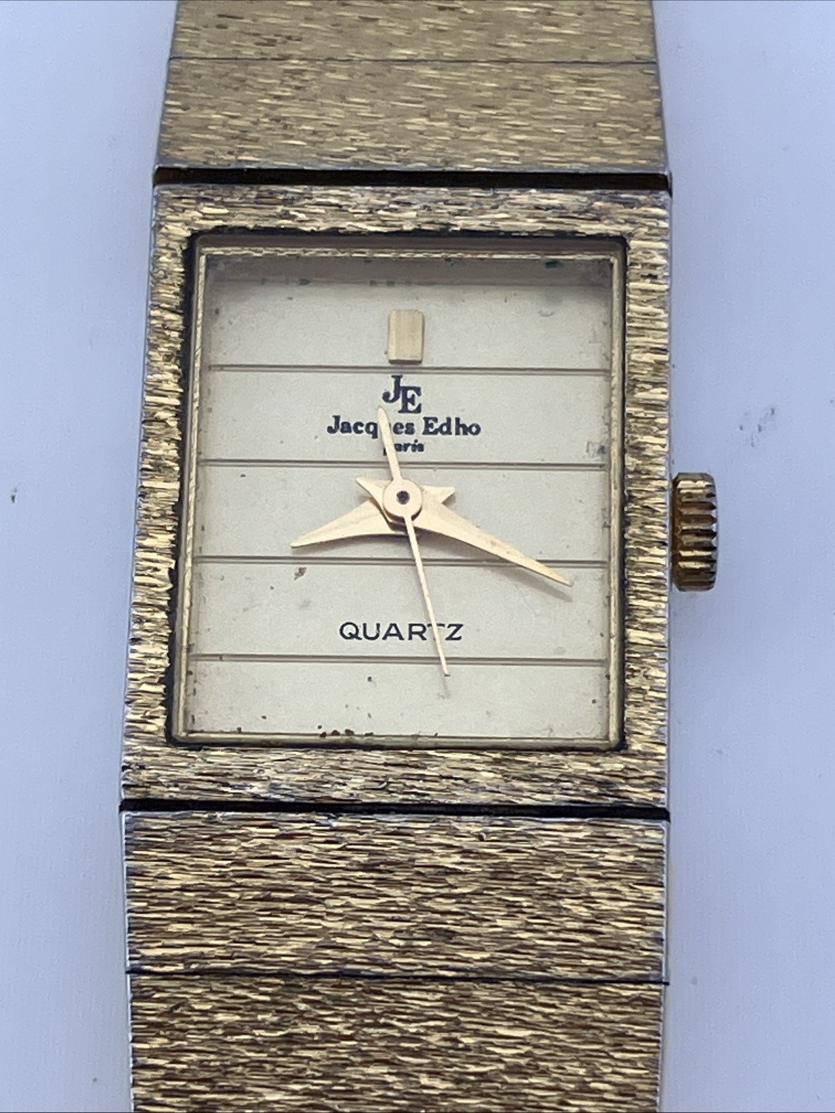 Vtg Jaques Edho Paris Ladies 15mm Watch Gold Tone Rectangle Dial 5.75″ – RUNS
