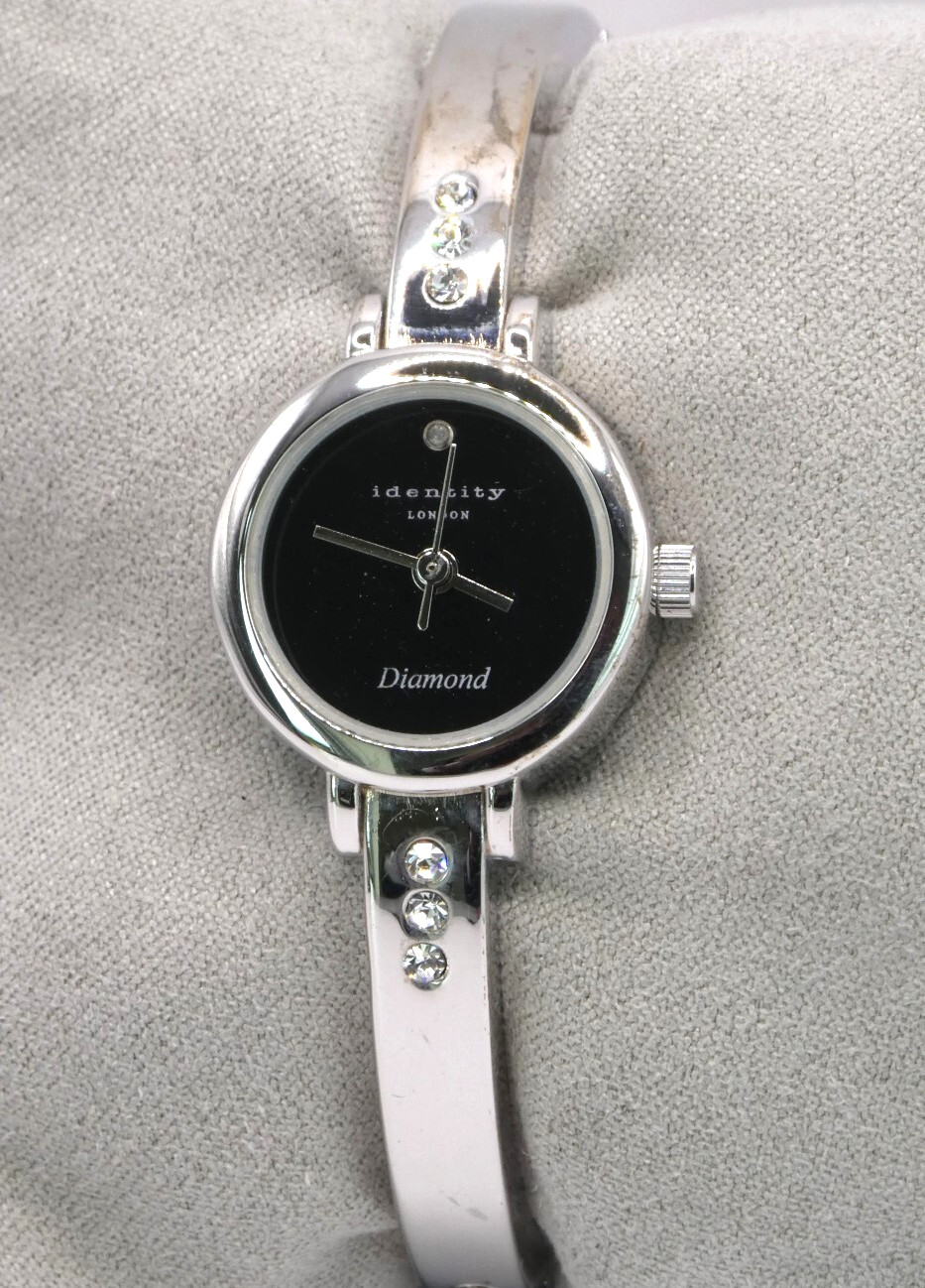 Identity London Diamond Silver Tone Bangle Bracelet Ladies Watch Black Dial