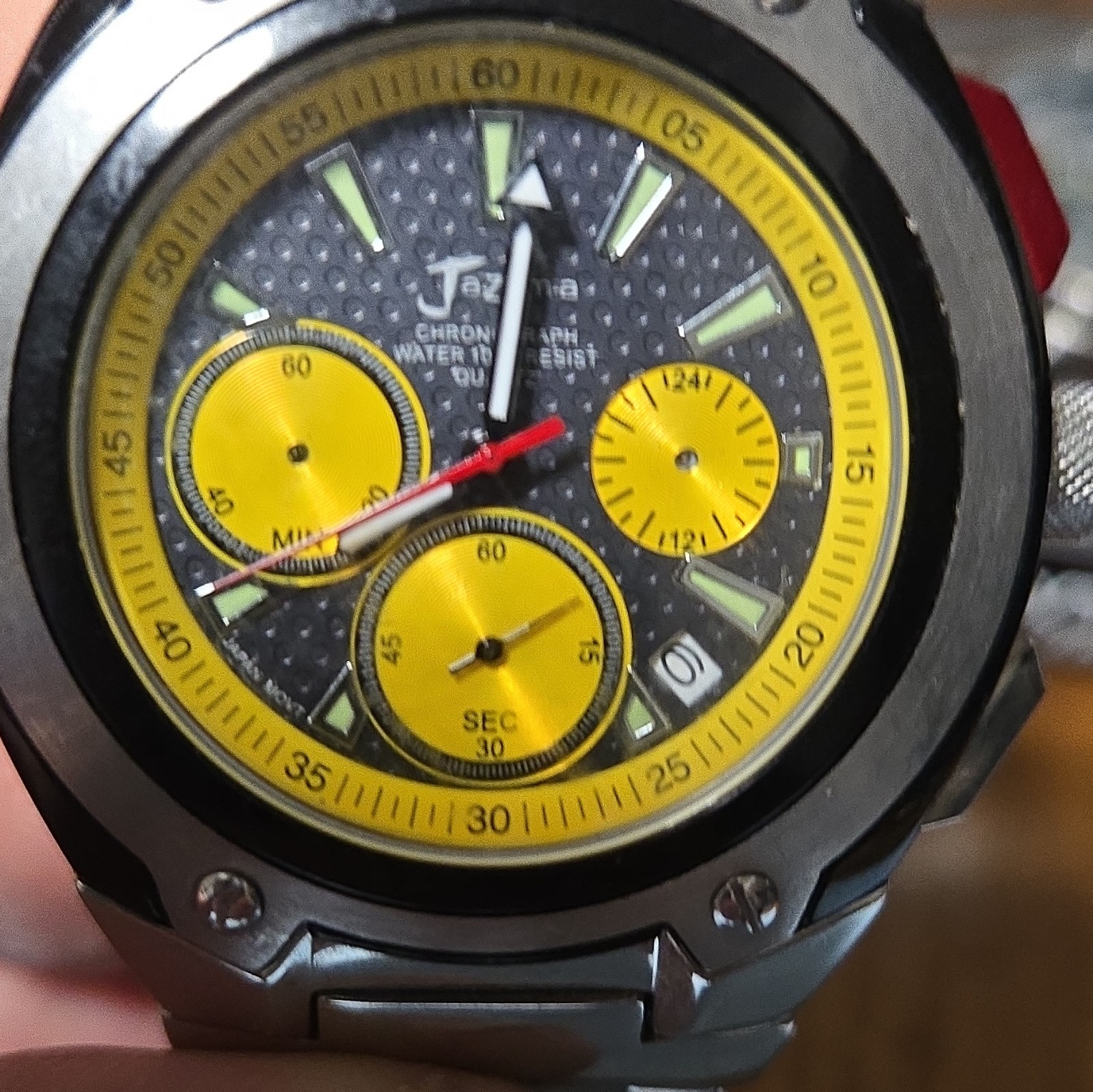 Jazma Chronograph Quartz 100m Date Silver Steel Bracelet Black/Yellow Dial