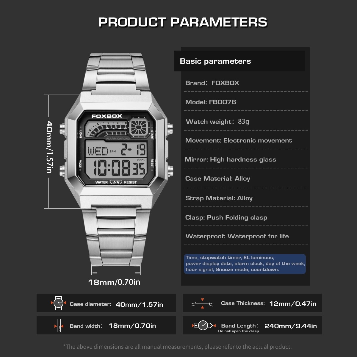 LIGE FOXBOX Men’s Watch Stainless Steel Digital Luminous Waterproof Wristwatch