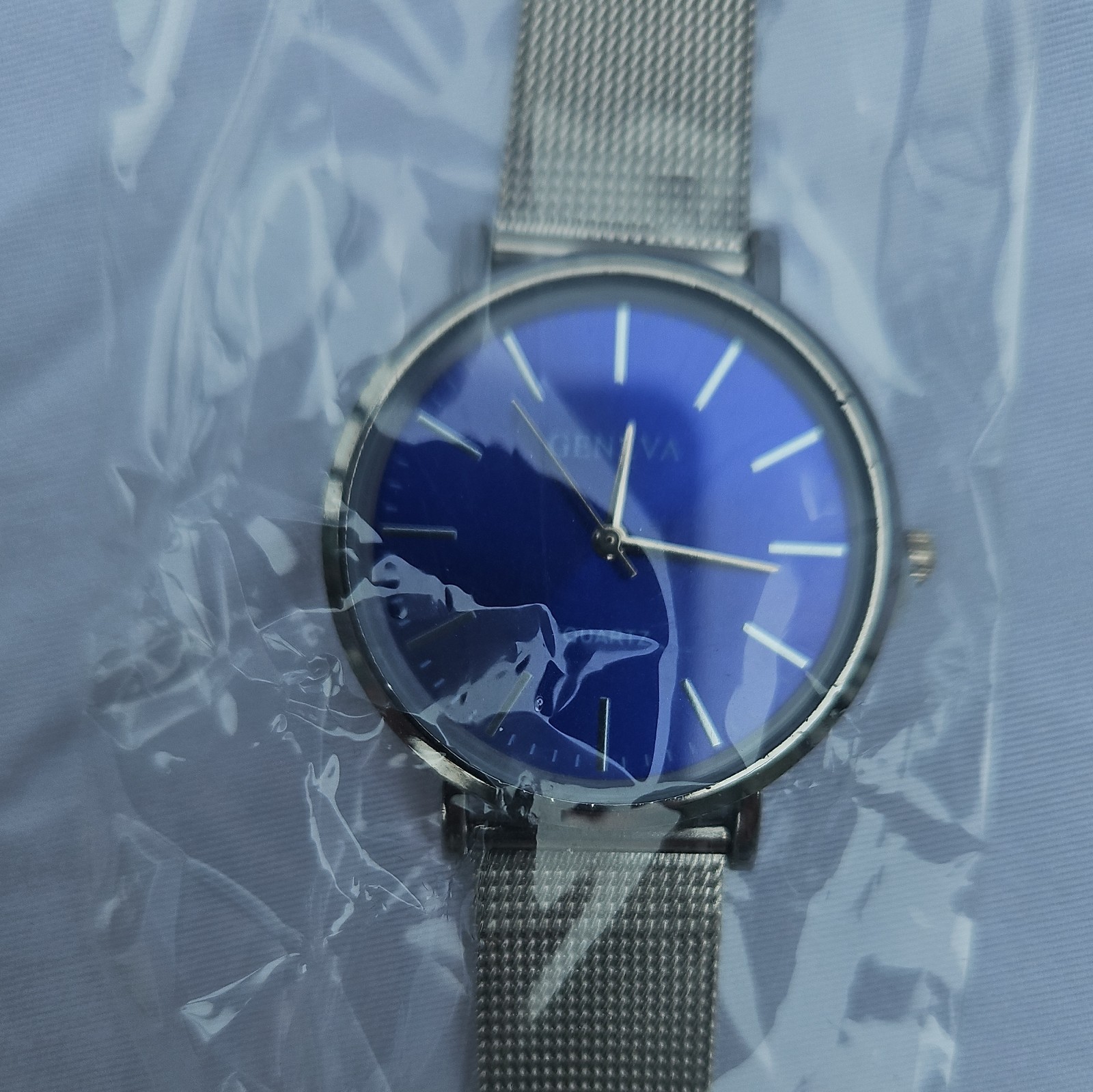 Geneva Quartz Watch Blue Dial Stick Indexes Silver Mesh Band Round 12-Hour