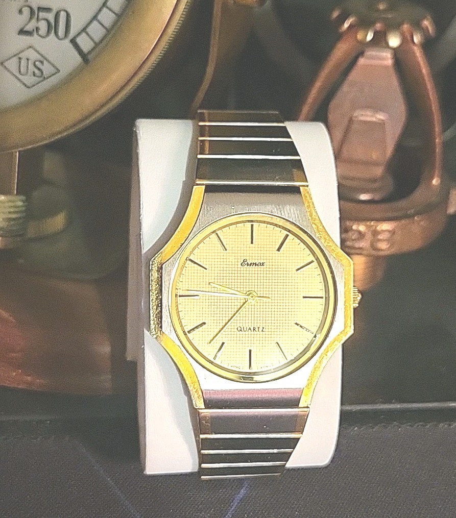 Ermex Watch 1986 NOS Gold Toned Circular Square Brushed Silver Works Mint Aristo