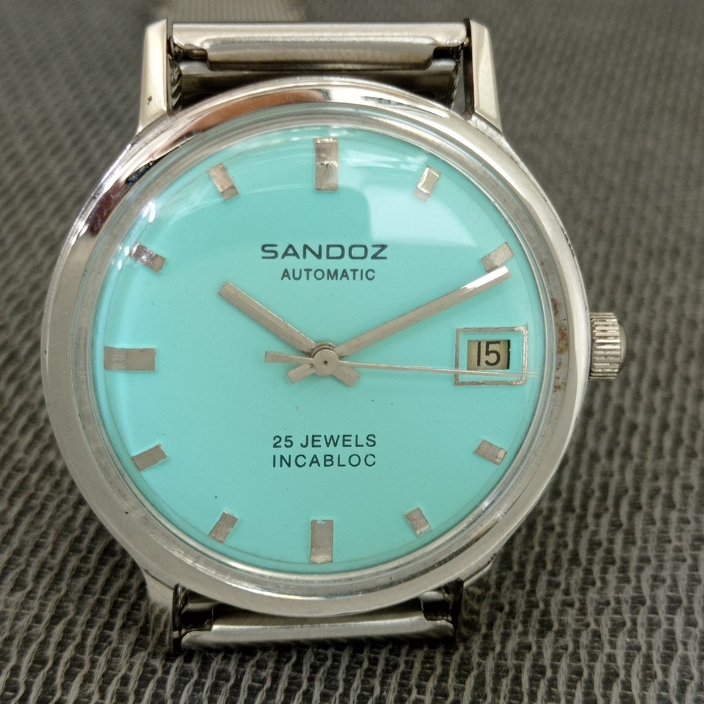 VINTAGE SANDOZ AUTOMATIC 25 JEWELS SWISS MENS TURQUOISE BLUE DIAL WATCH a2687-U