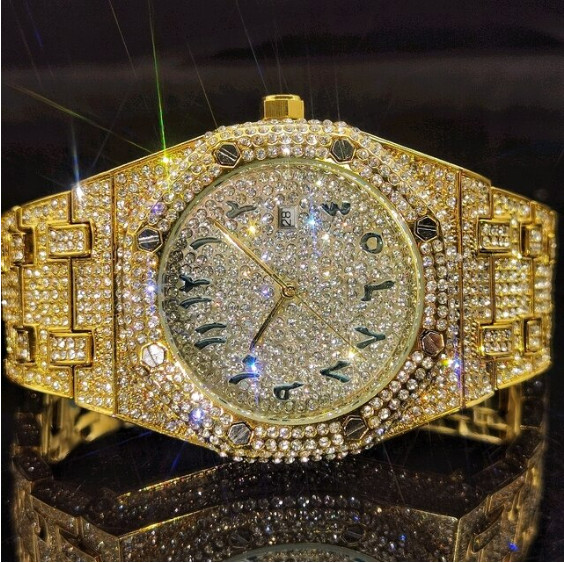 Arabic Hip Hop Luxury Ice out Men’s Watch Iced Bling Gold Cz Diamond Waterproof