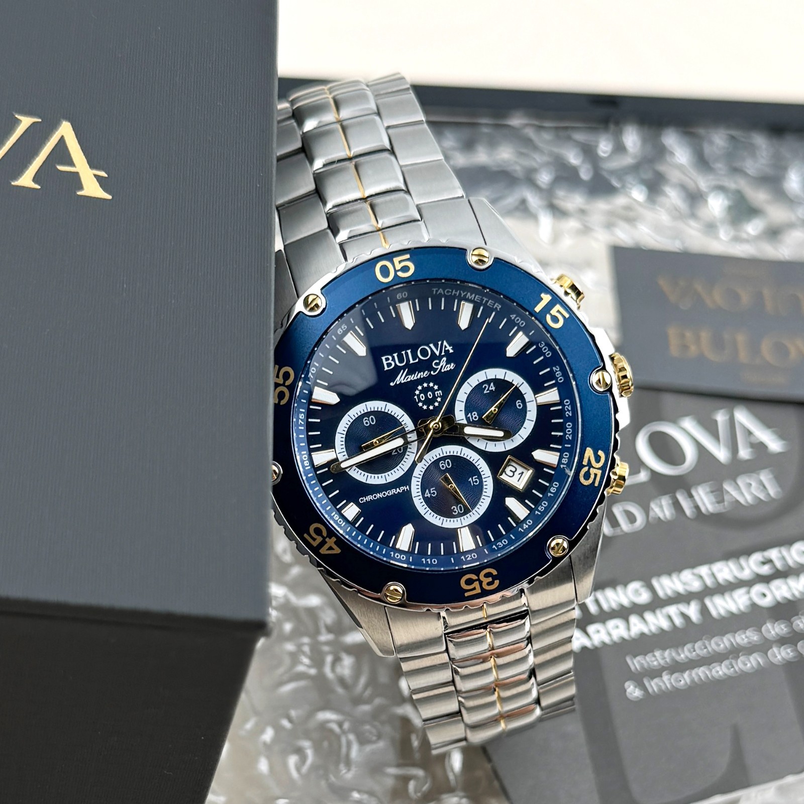 Bulova Marine Star Quartz Two-Tone Stainless Steel Blue Dial Men’s Watch 98B400