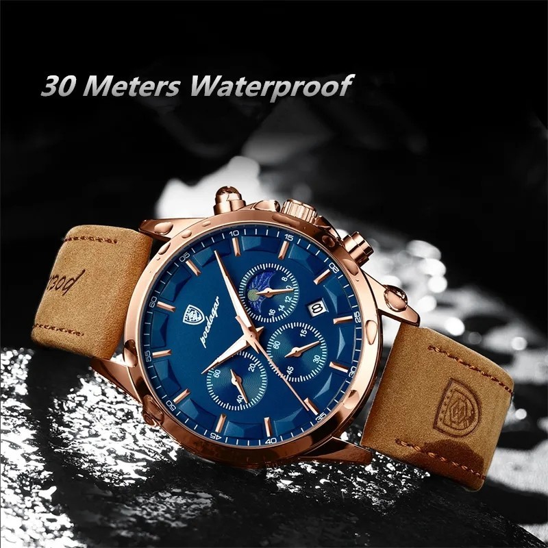 Luxury Chronograph Men’s Watch Leather Strap Quartz Waterproof Business Wristwat