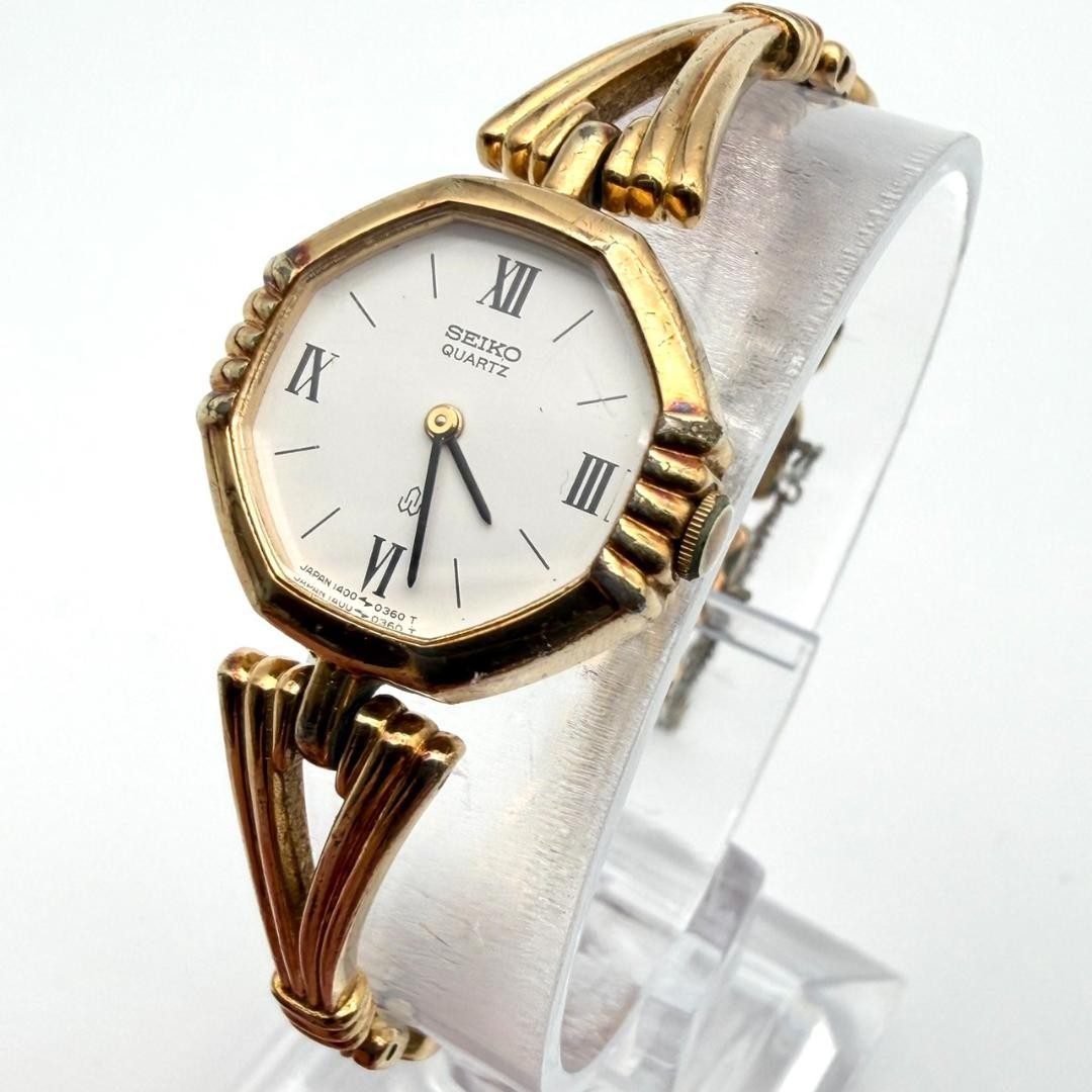 Vintage Seiko Octagon Roman numeral wristwatch, new battery, gold finish, women&