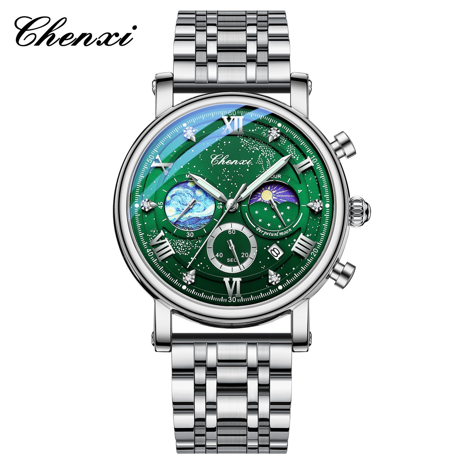 CHENXI Men’s Luminous Dial Calendar Chronograph Moon Phase Business Quartz Watch