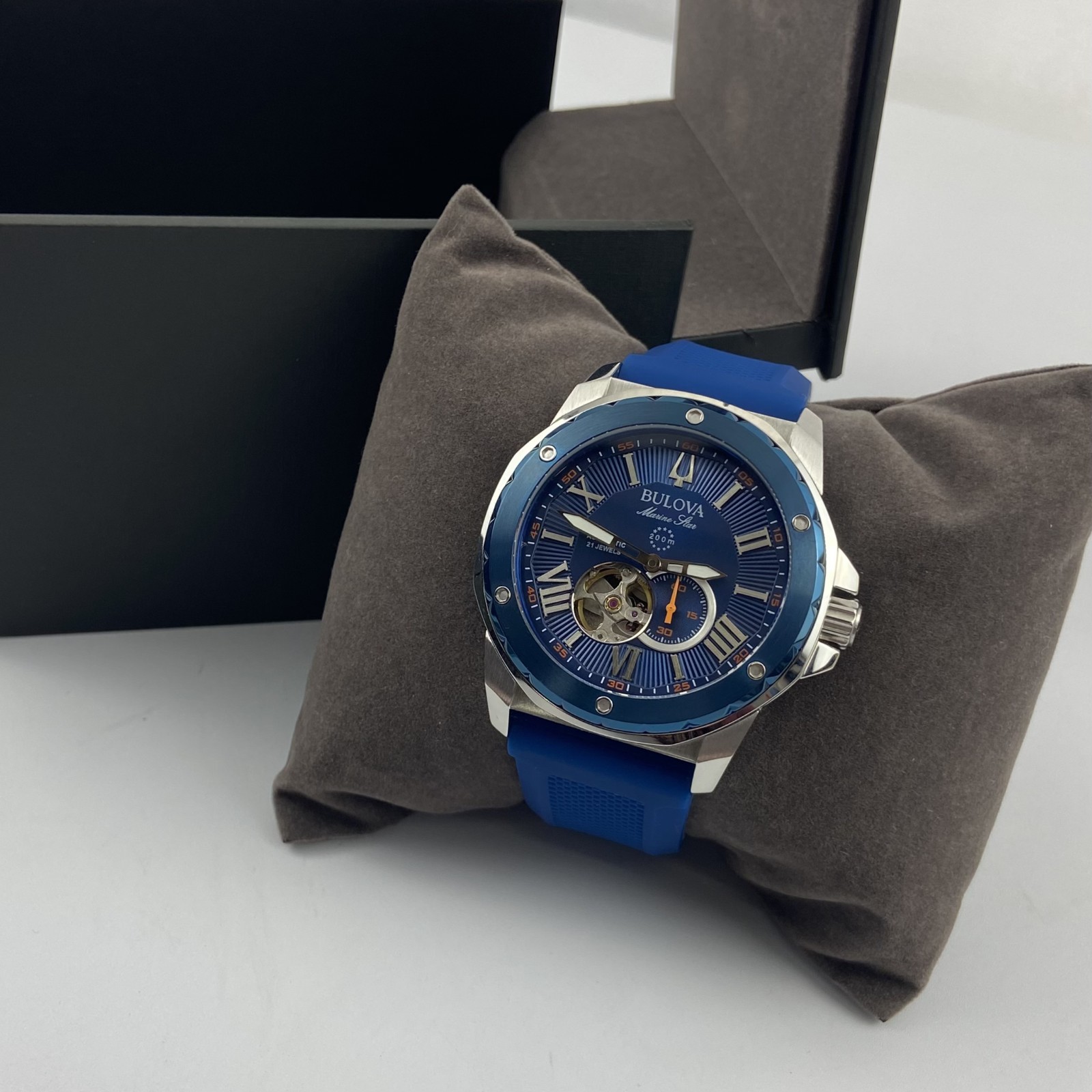Bulova 98A303 Marine Star Men’s Automatic Watch Blue Dial Blue Rubber Strap 45mm