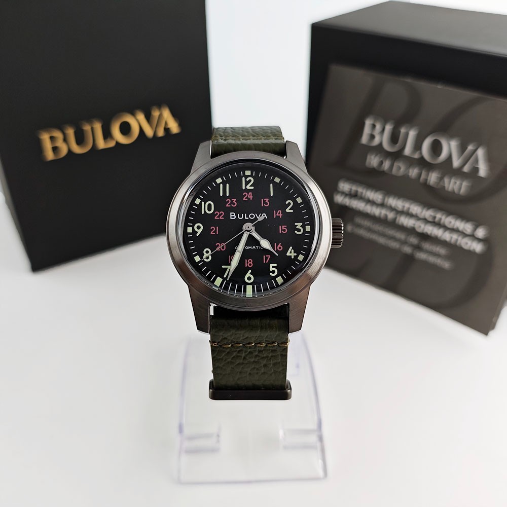 Bulova 98A255 Hack Black Dial Green Leather Strap Automatic Men’s Watch 38MM