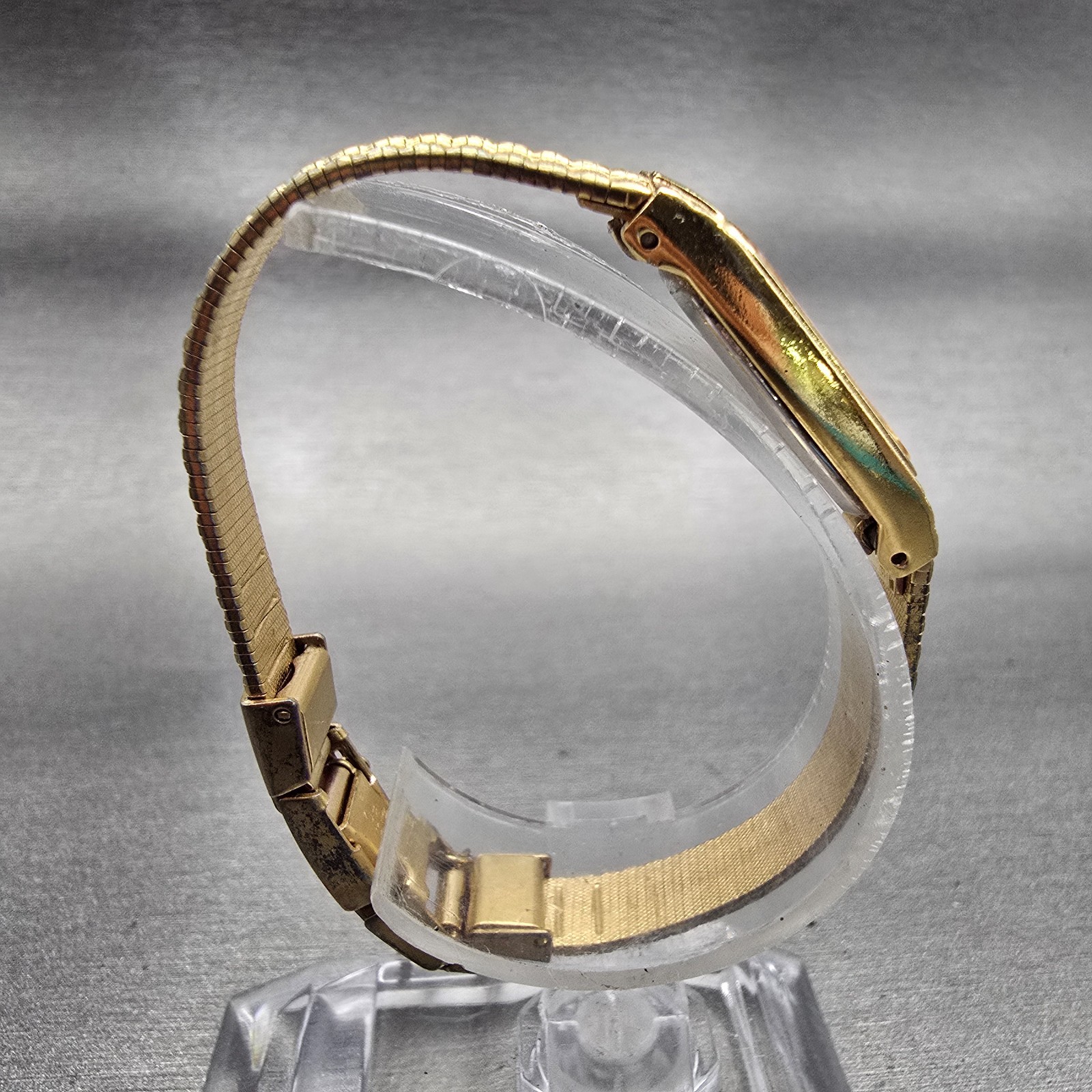 Seiko Watch Women 13mm Gold Dial Gold Tone Rectangle 2E20-6319 New Battery VTG