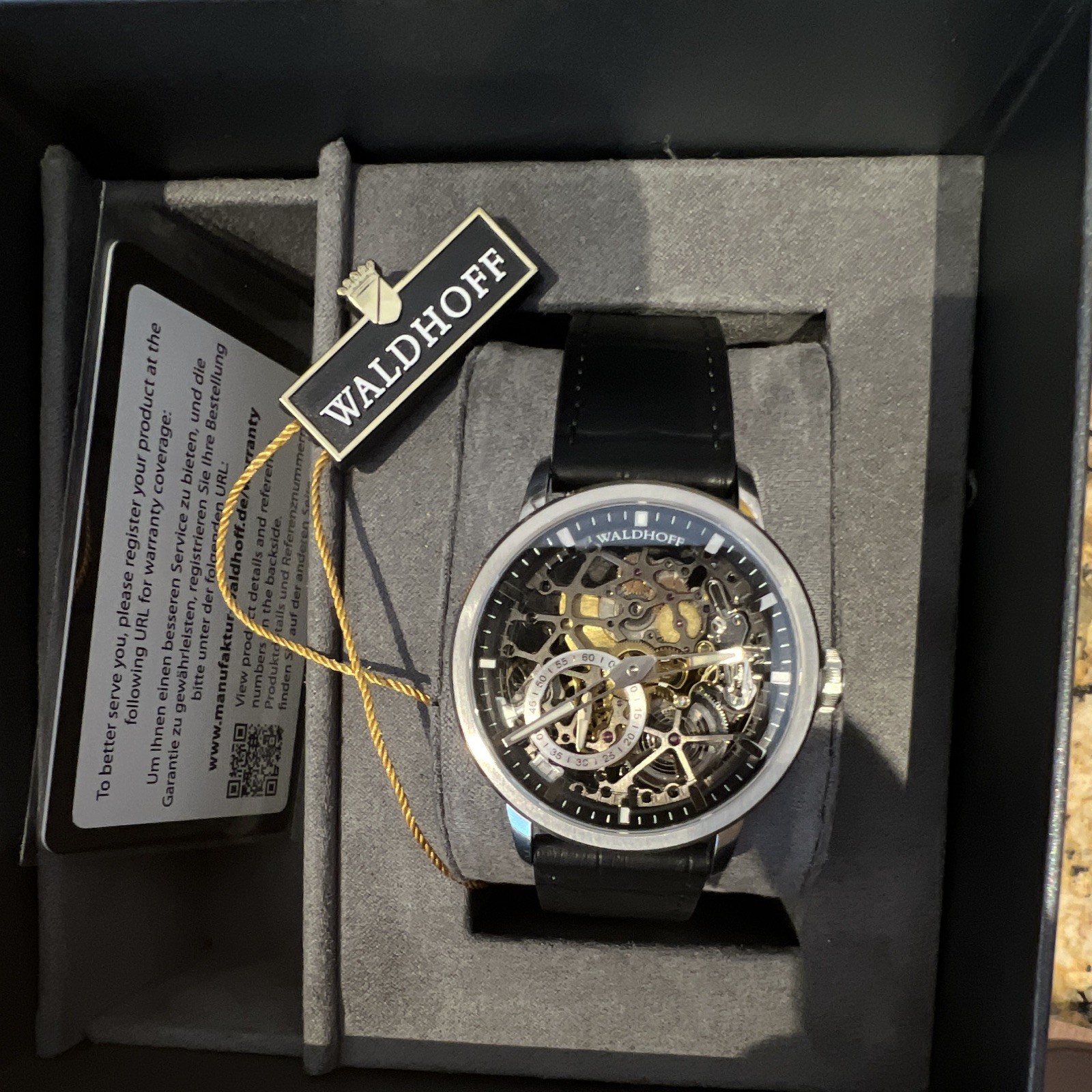Waldhoff Skeleton Automatic Men’s Watch Black Leather Strap Silver Case w/ Box