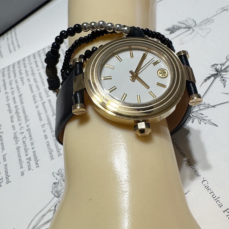 NWT! Authentic TORY BURCH Classic-T Ivory Dial Black Leather Strap Watch TBW9003