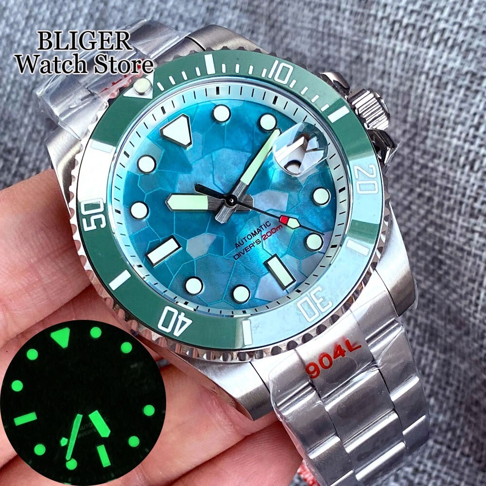 Gloss Shell Dial 200M Waterproof NH35 Men Dive Watch Lume Turquoise Green Steel