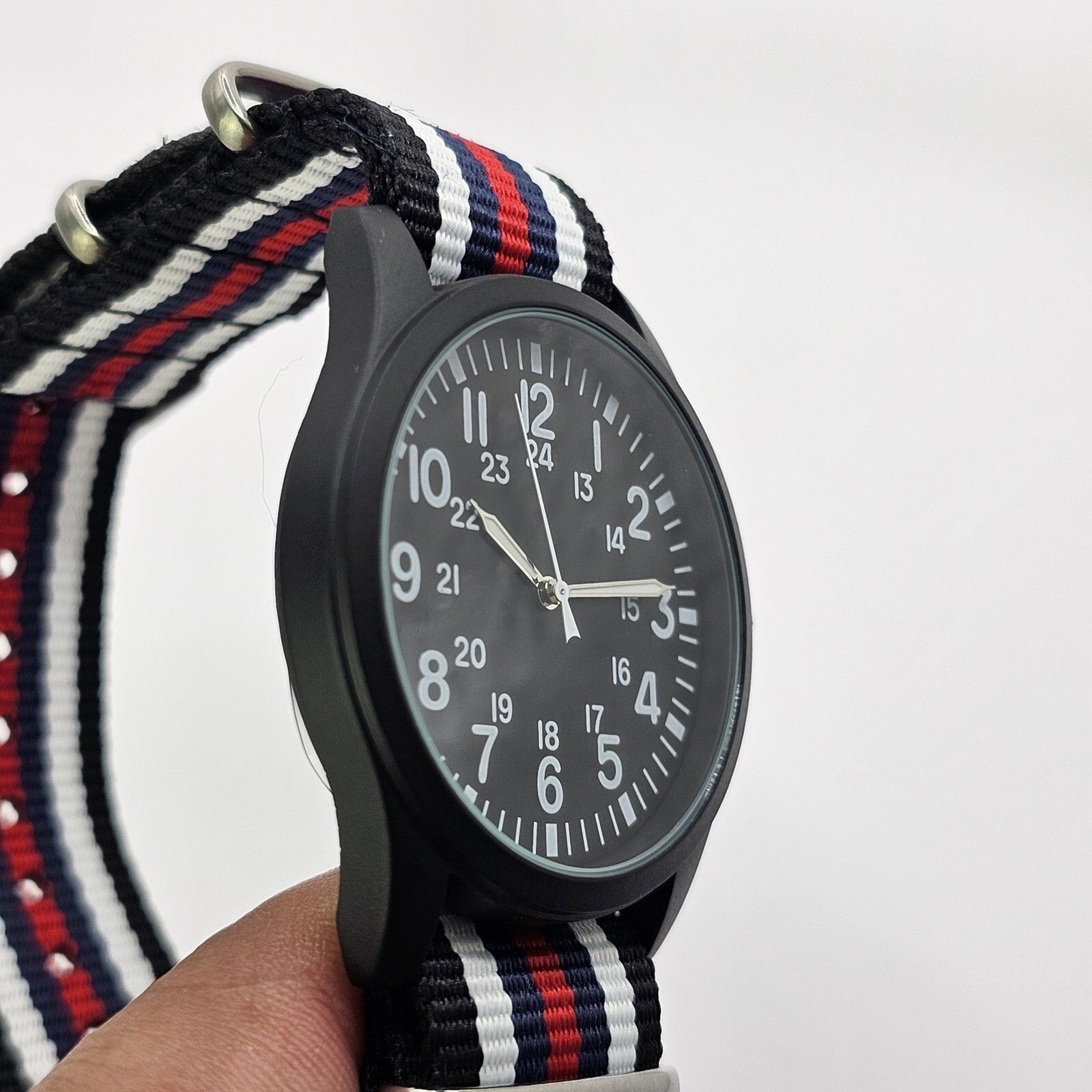 Men’s Military Field Watch 42MM Black Case Black Dial Multicolor Canvas Band