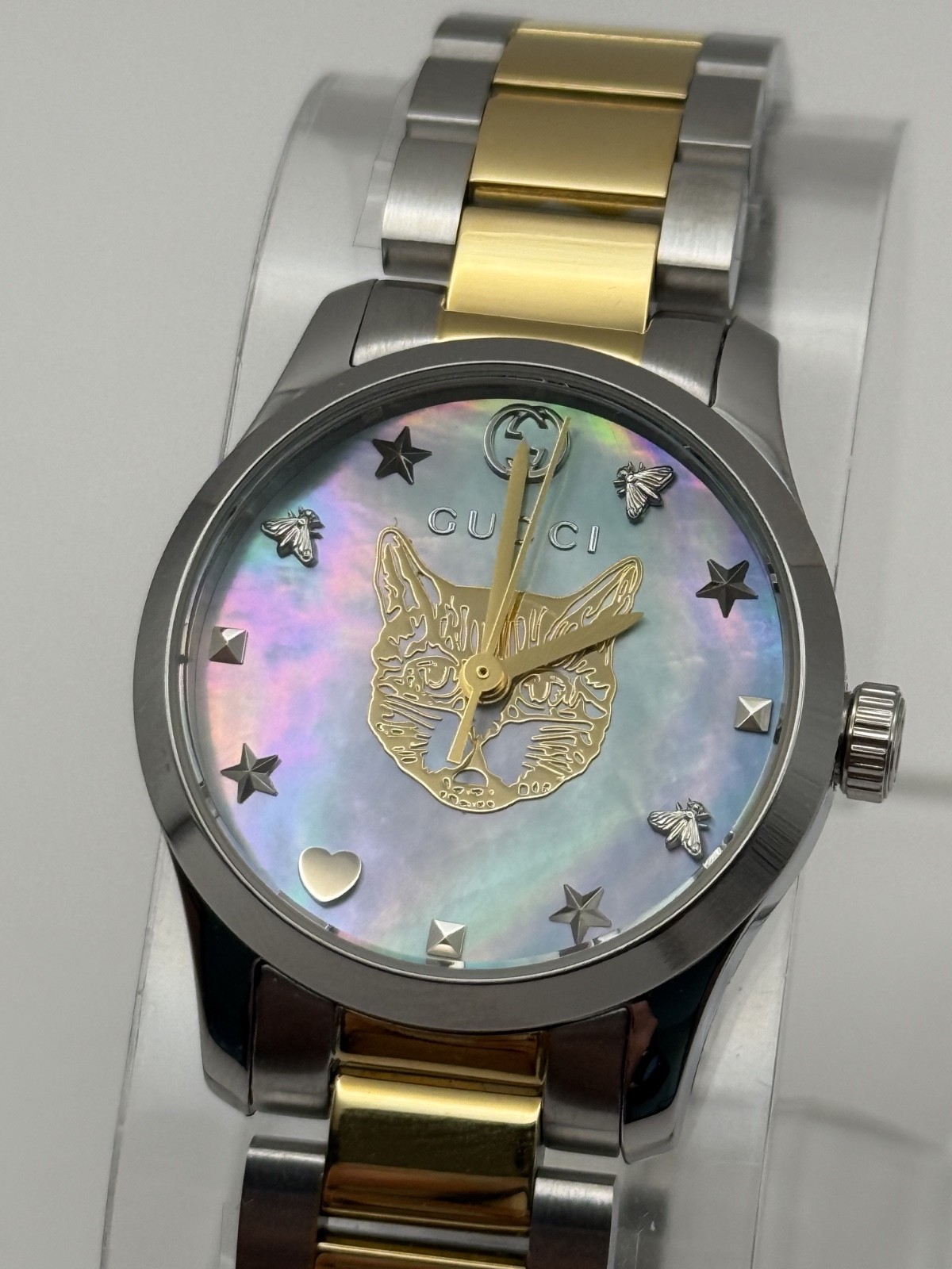 Gucci G Timeless Quartz MOP Blue Dial Two Tone Steel Strap Watch YA1265011