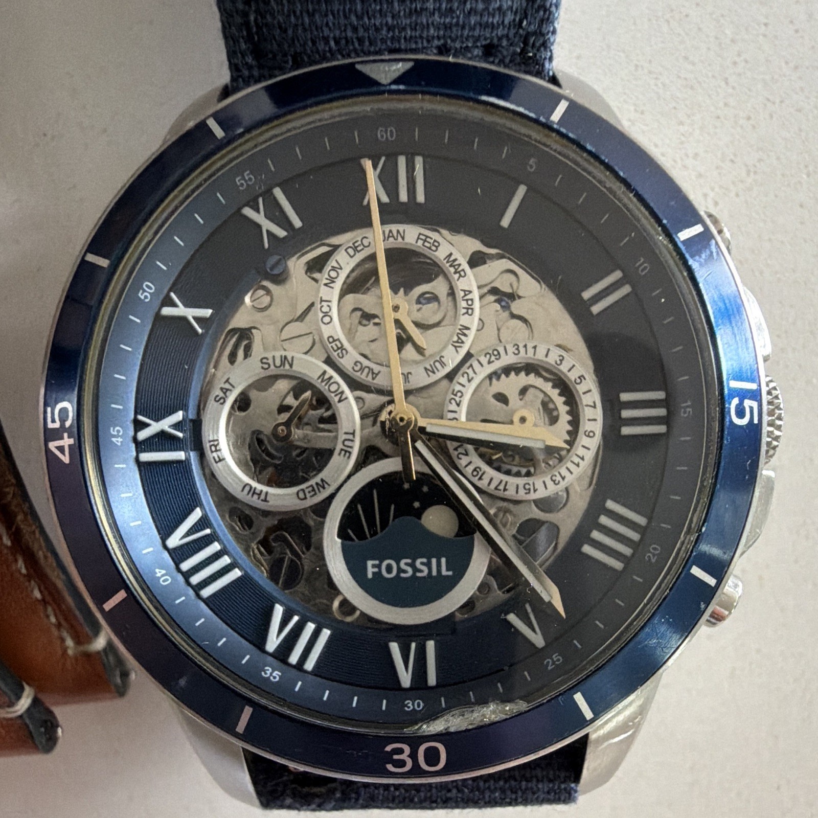 Fossil Men’s Automatic ME3140 Annual Calendar with Blue Cloth and Leather Strap