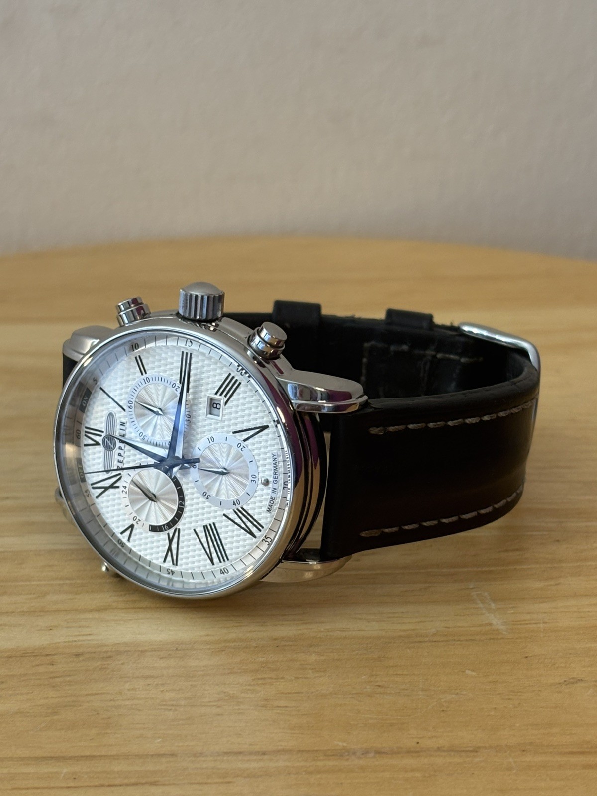 Zeppelin LZ127 Chronograph Alarm Watch White Dial – Polished Made In Germany