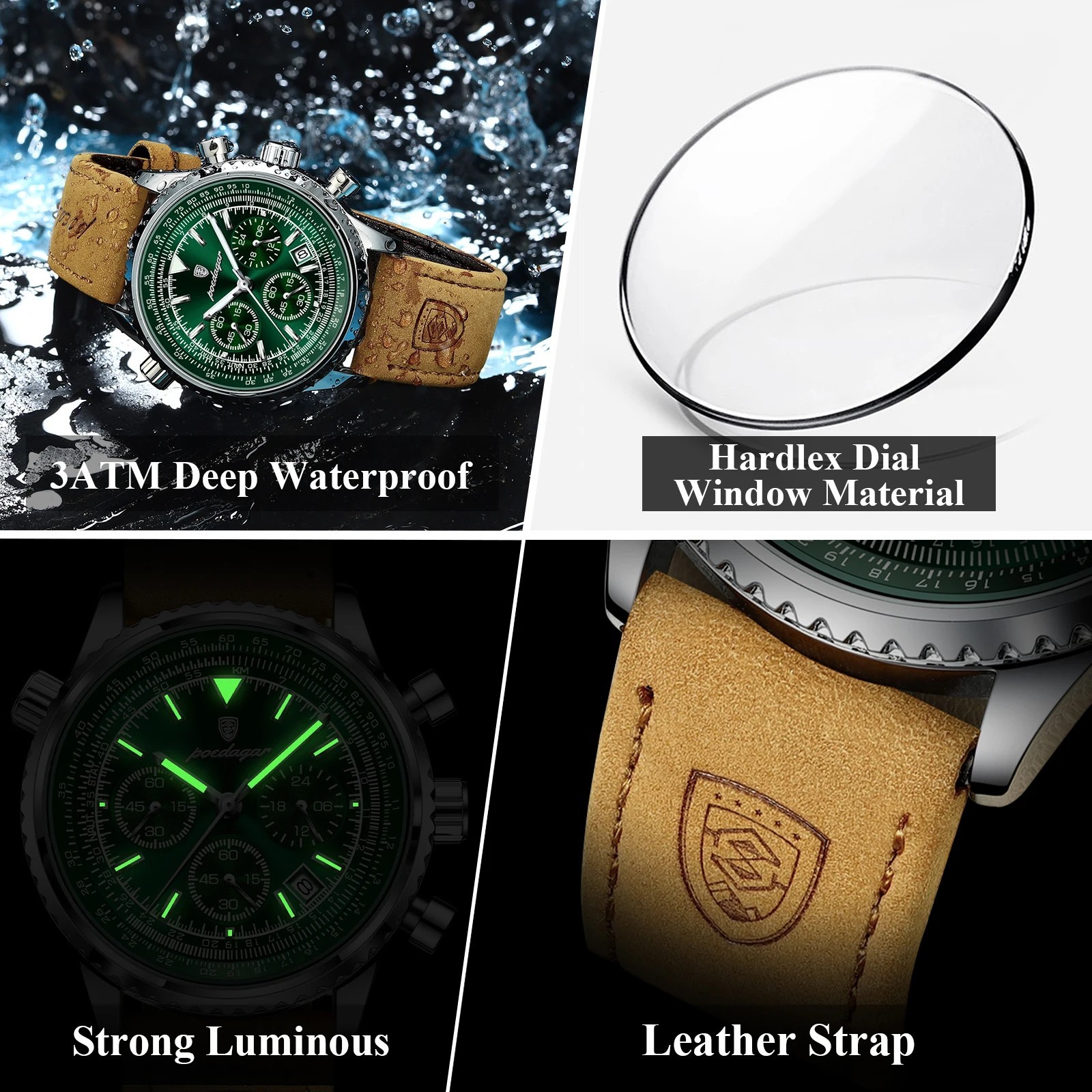 Men Luxury Quartz Watch Waterproof Chronograph Leather Birthday Perfect Gift