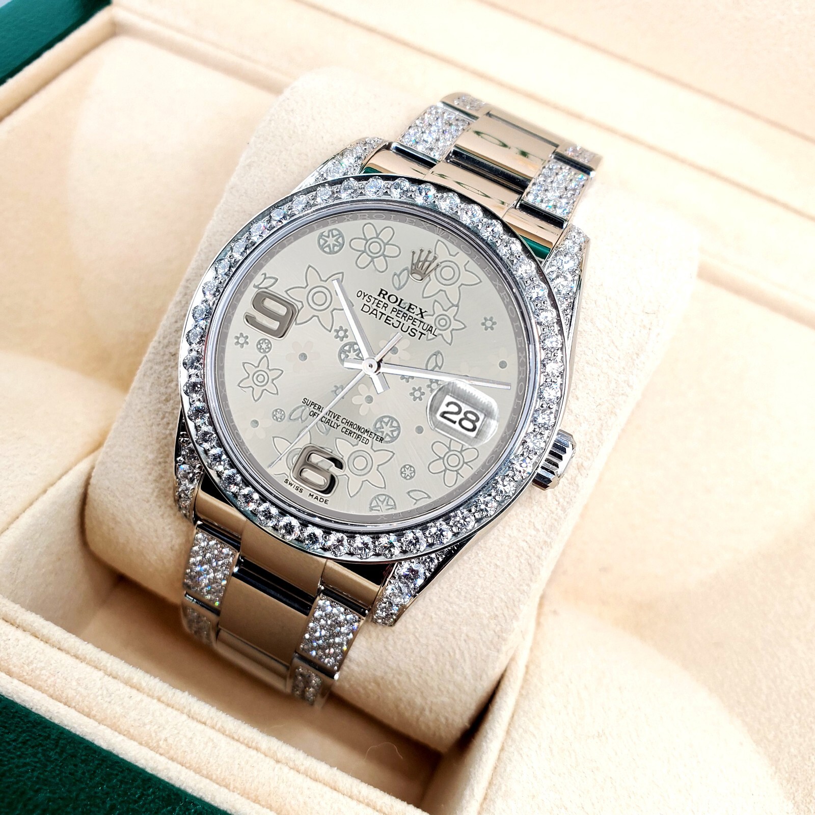 Rolex Datejust 36mm 5.9ct Diamond Watch with Silver Floral Dial Box Papers