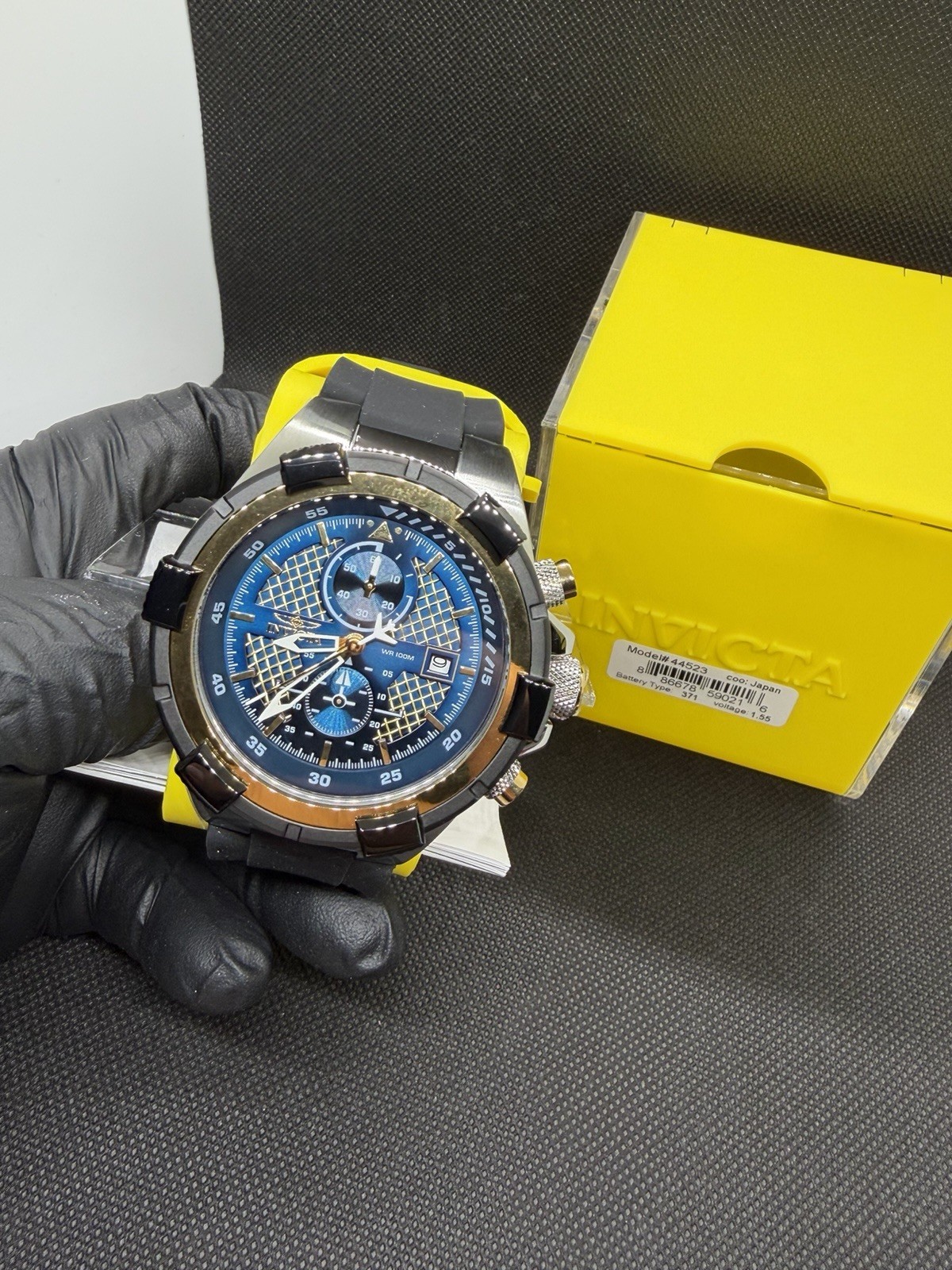 Invicta Aviator 44523 Men’s Chronograph 48mm Blue Gold Dial Black Silicone New