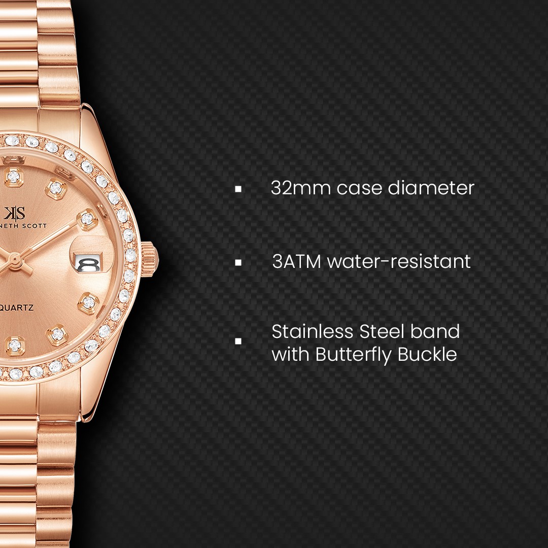 Kenneth Scott Women’s Analog Watch | Rose Gold Dial, 32mm, 30 m (3 ATM)