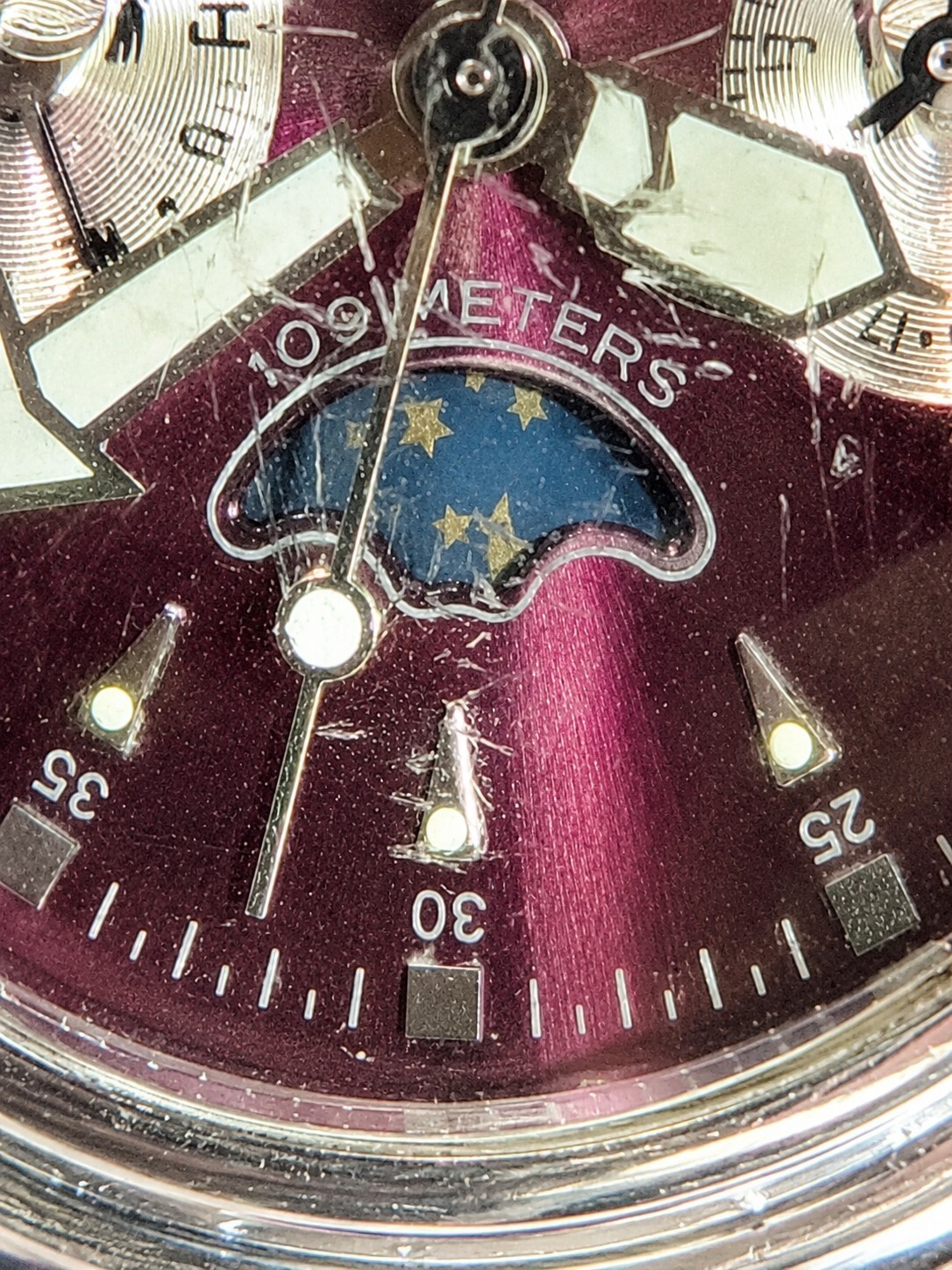 Fossil Blue BQ9144 Moon Phase Date Day Subs Watch Burgundy Dial Battery