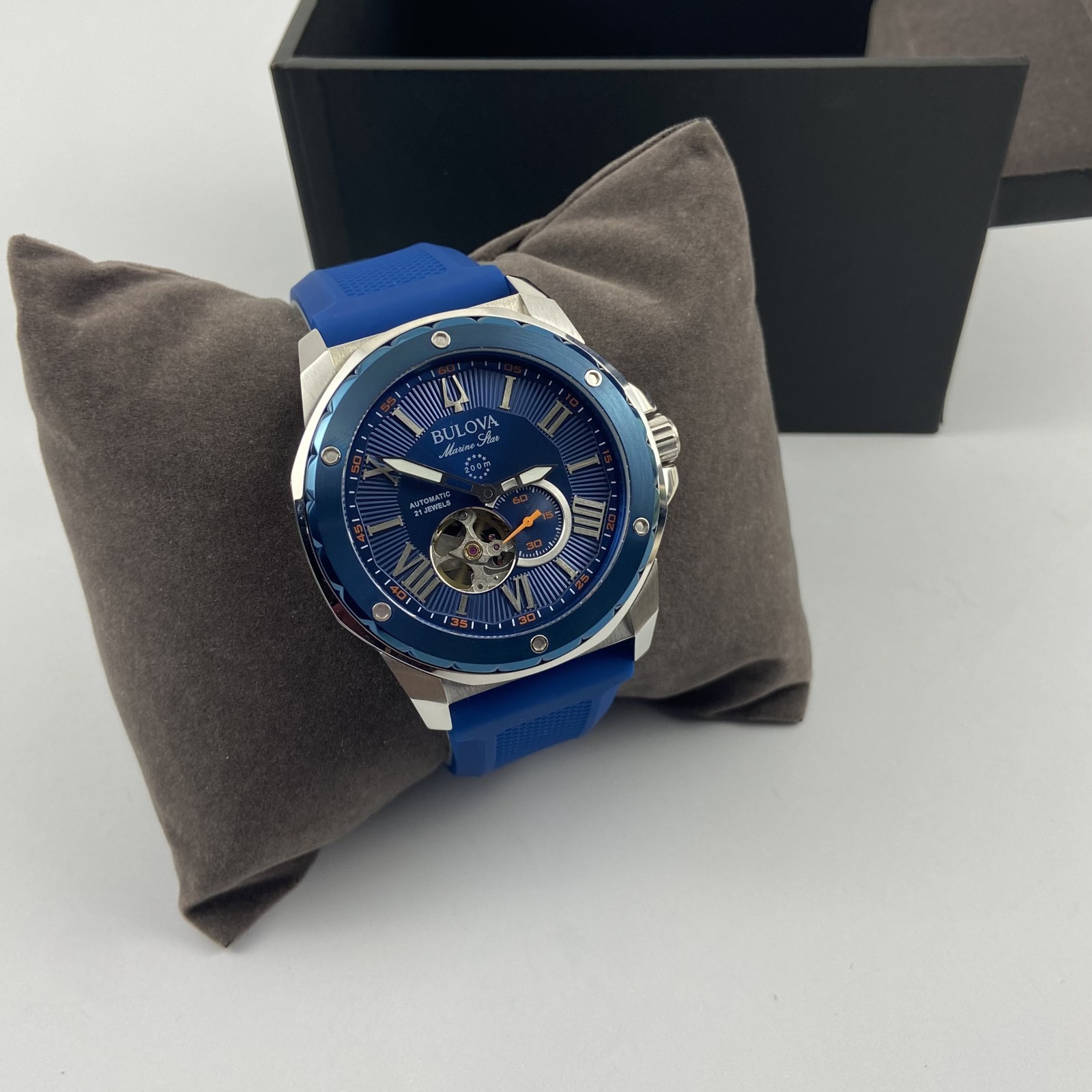 Bulova 98A303 Marine Star Men’s Automatic Watch Blue Dial Blue Rubber Strap 45mm
