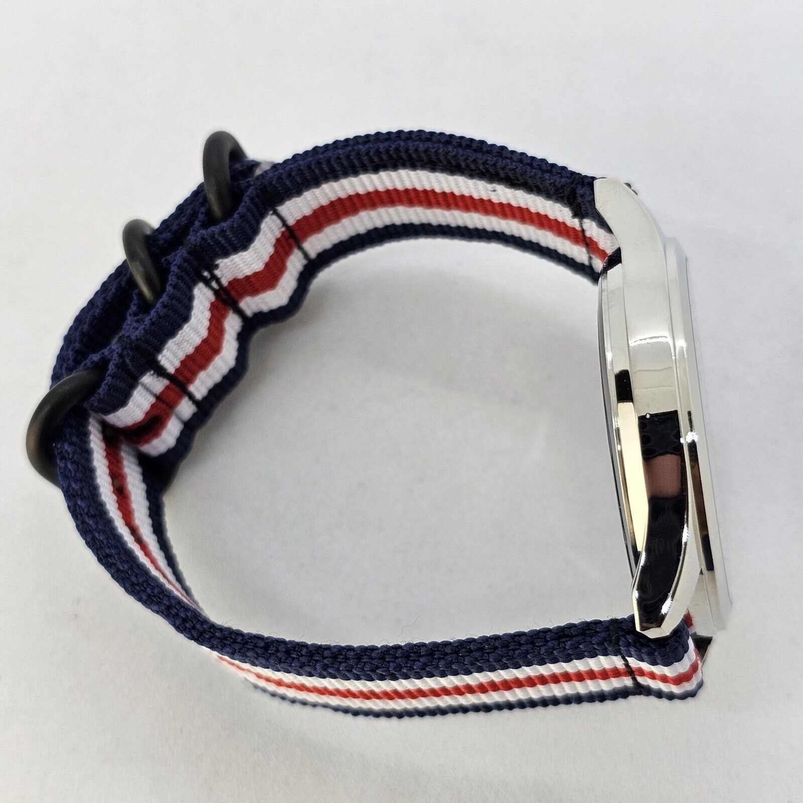 Men’s Field Military Watch 42MM Black Dial Blue White Red Canvas Band Straps