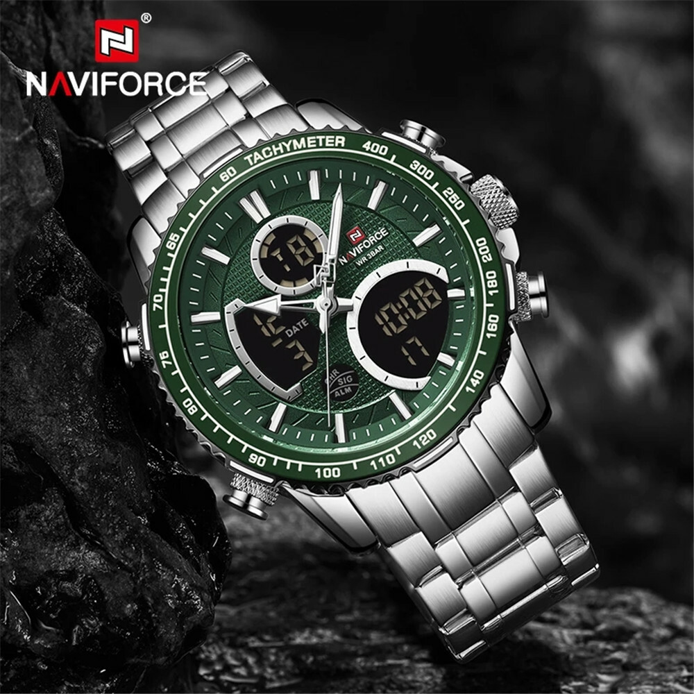 NAVIFORCE Men Sport Watch Big Dial Chronograph Quartz Wristwatch Steel Watches