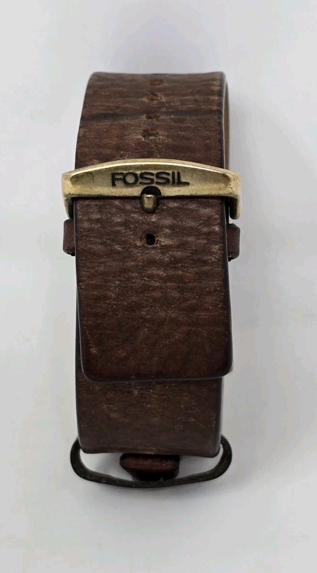 Fossil Women’s Watch Brown Leather Cuff Band White Dial Square Gold Case JR-8874