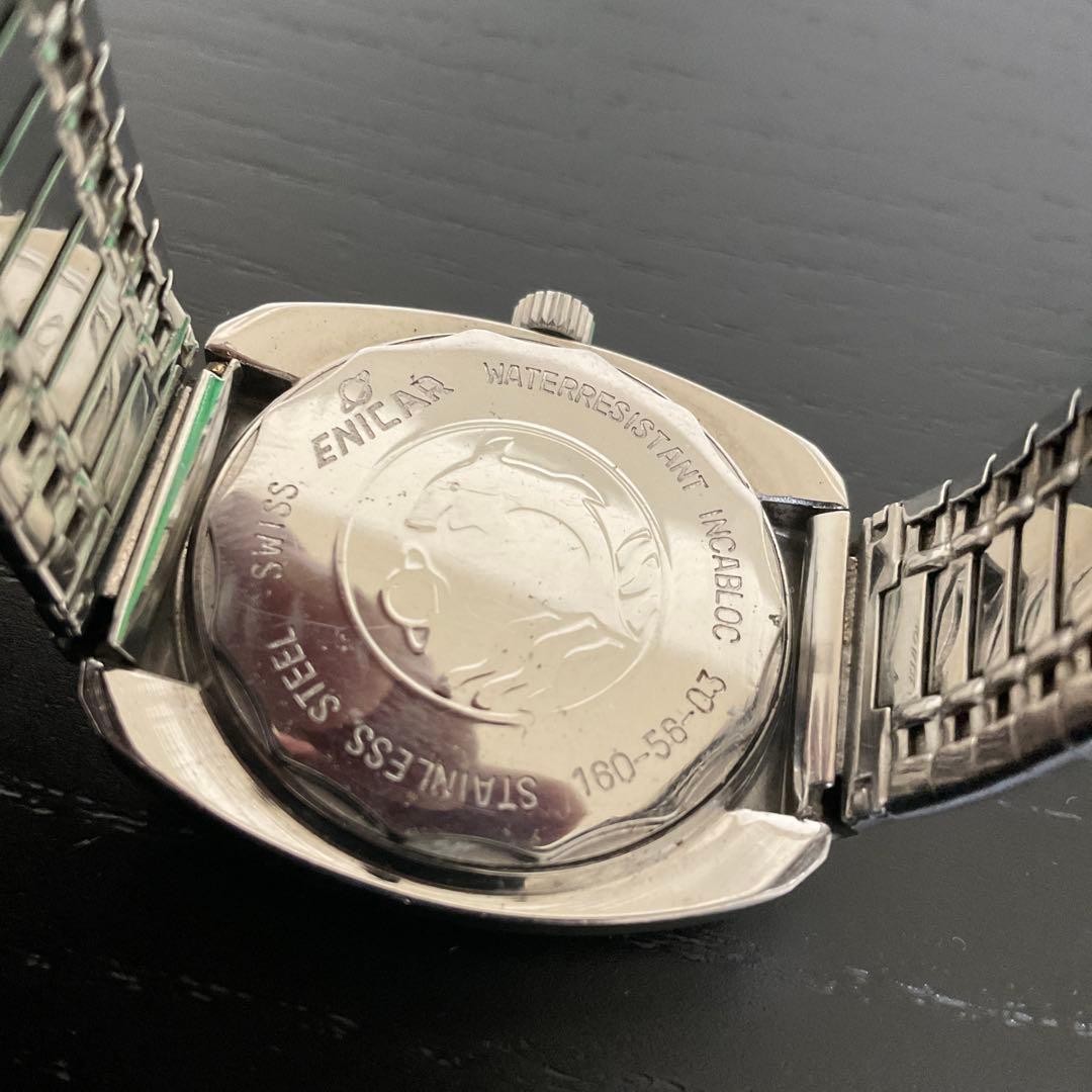 ENICAR Hand-wound Watch 3.5×3.8cm Cushion Case Bar Index Original Band