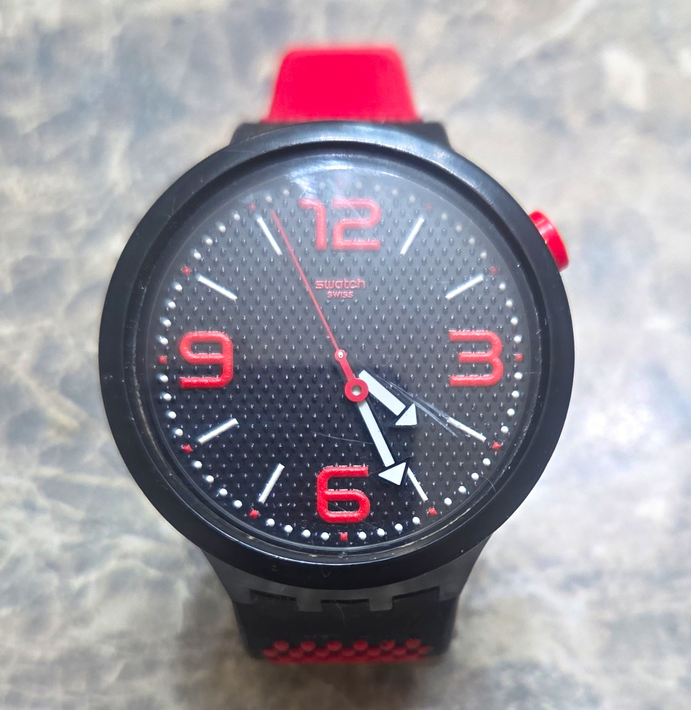 Swatch Irony Quartz Analog 44mm Black Plastic Case Red/Black Rubber Strap