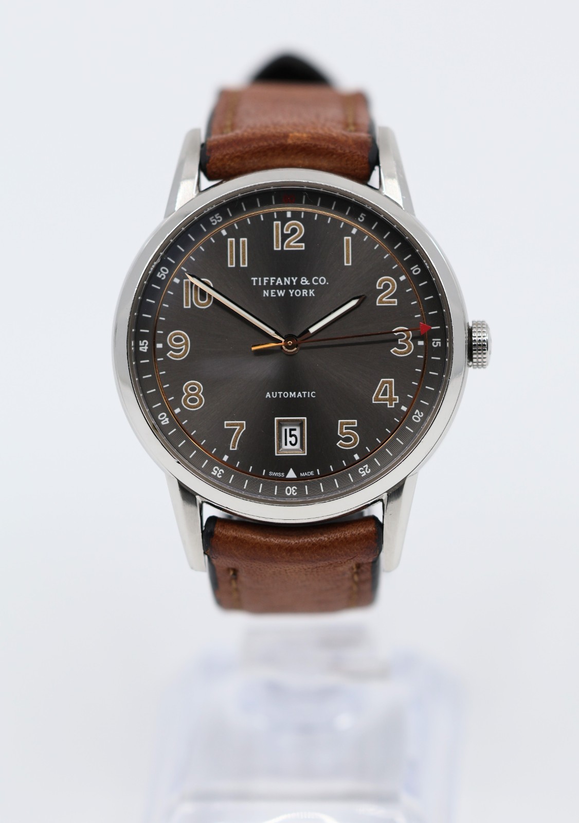 Tiffany & Co. CT60 Stainless Steel 40mm Men’s Watch Brown Leather Band Gray Dial