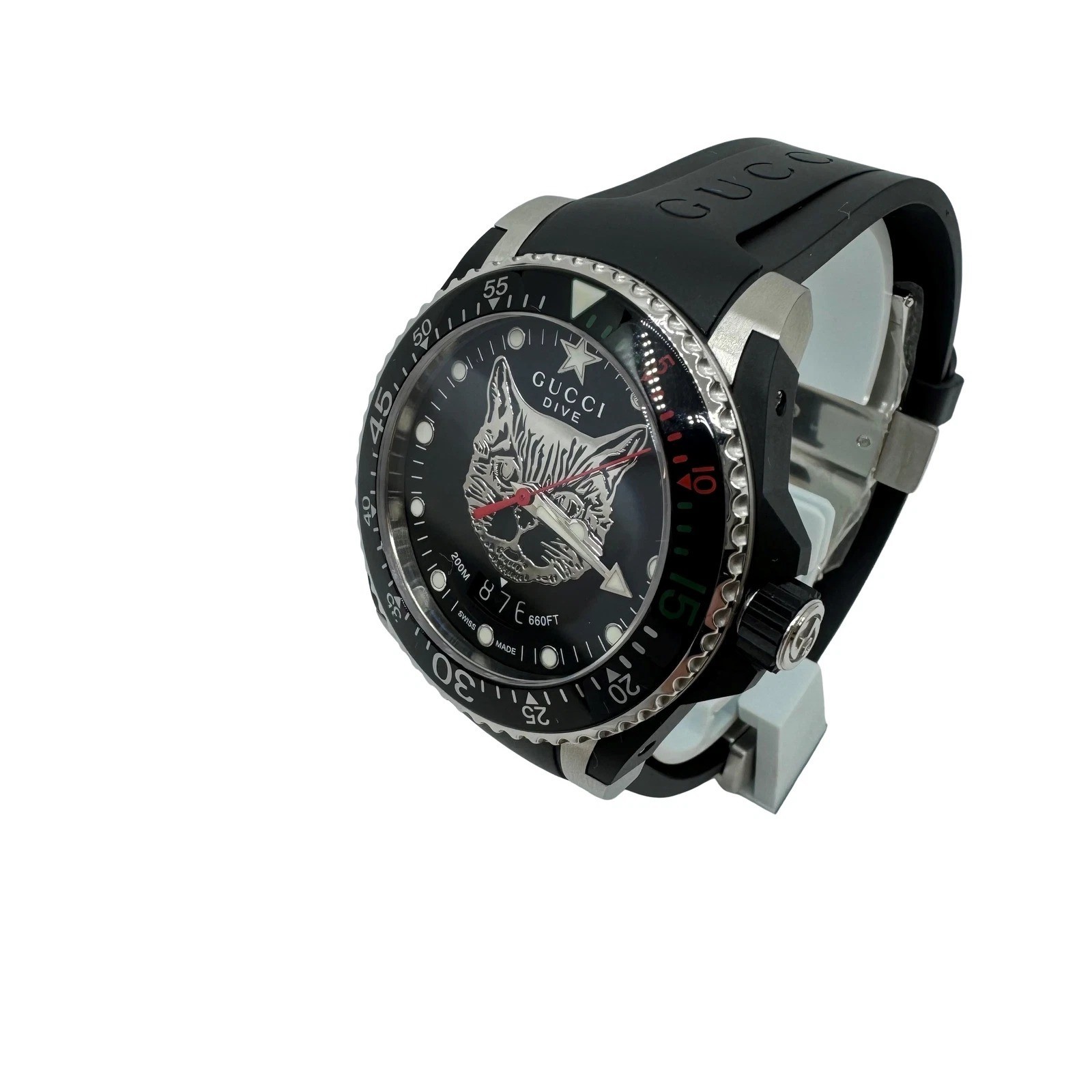 Gucci Dive Mystic Cat Black Rubber Strap Watch YA136320