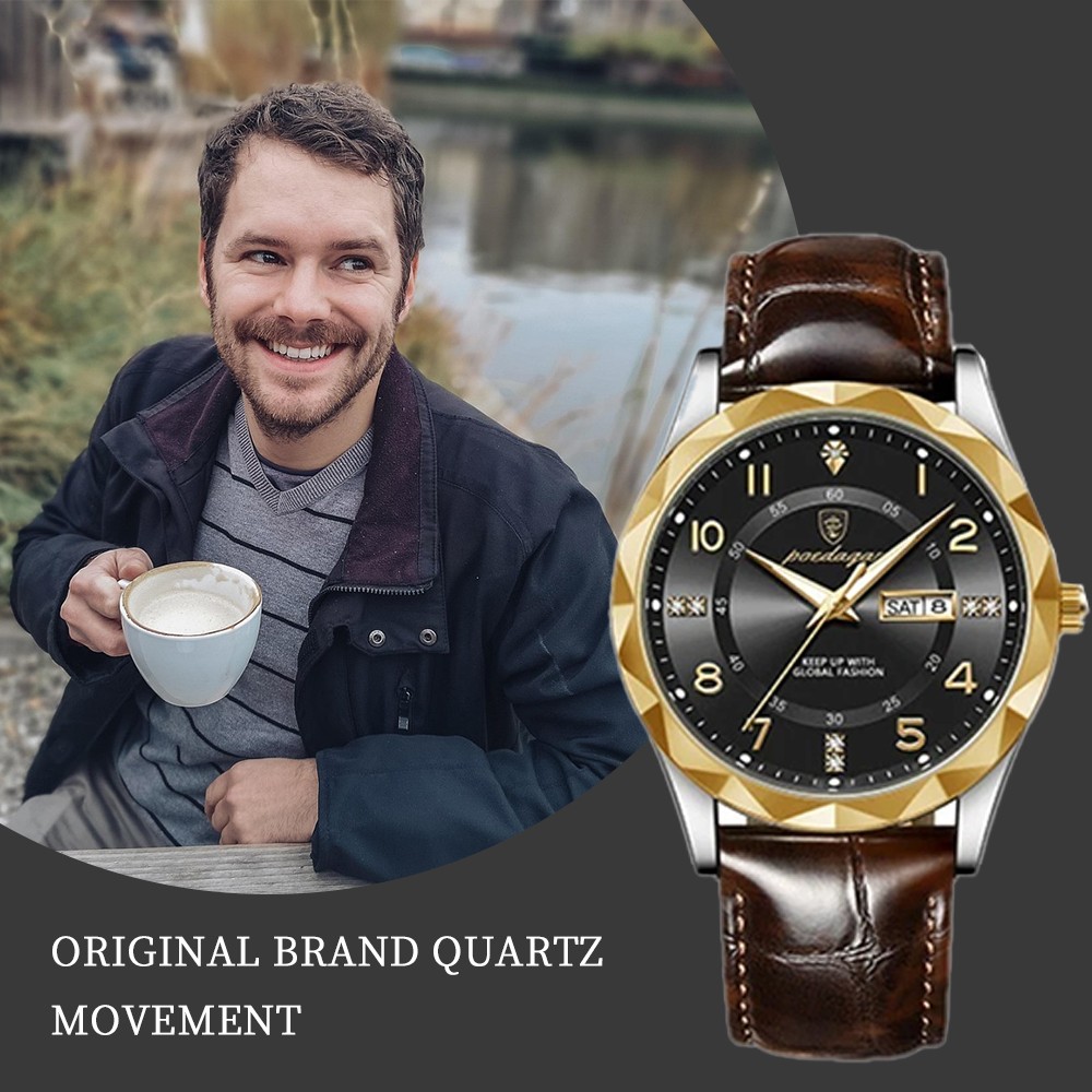 Mens Calendar Watch Quartz Wristwatch Man Leather Watches Waterproof Luminous