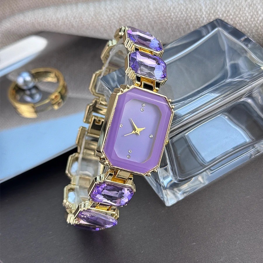 Square Case Quartz Wrist Watches for Women Faux Gem Strap Bracelet Banquet Watch
