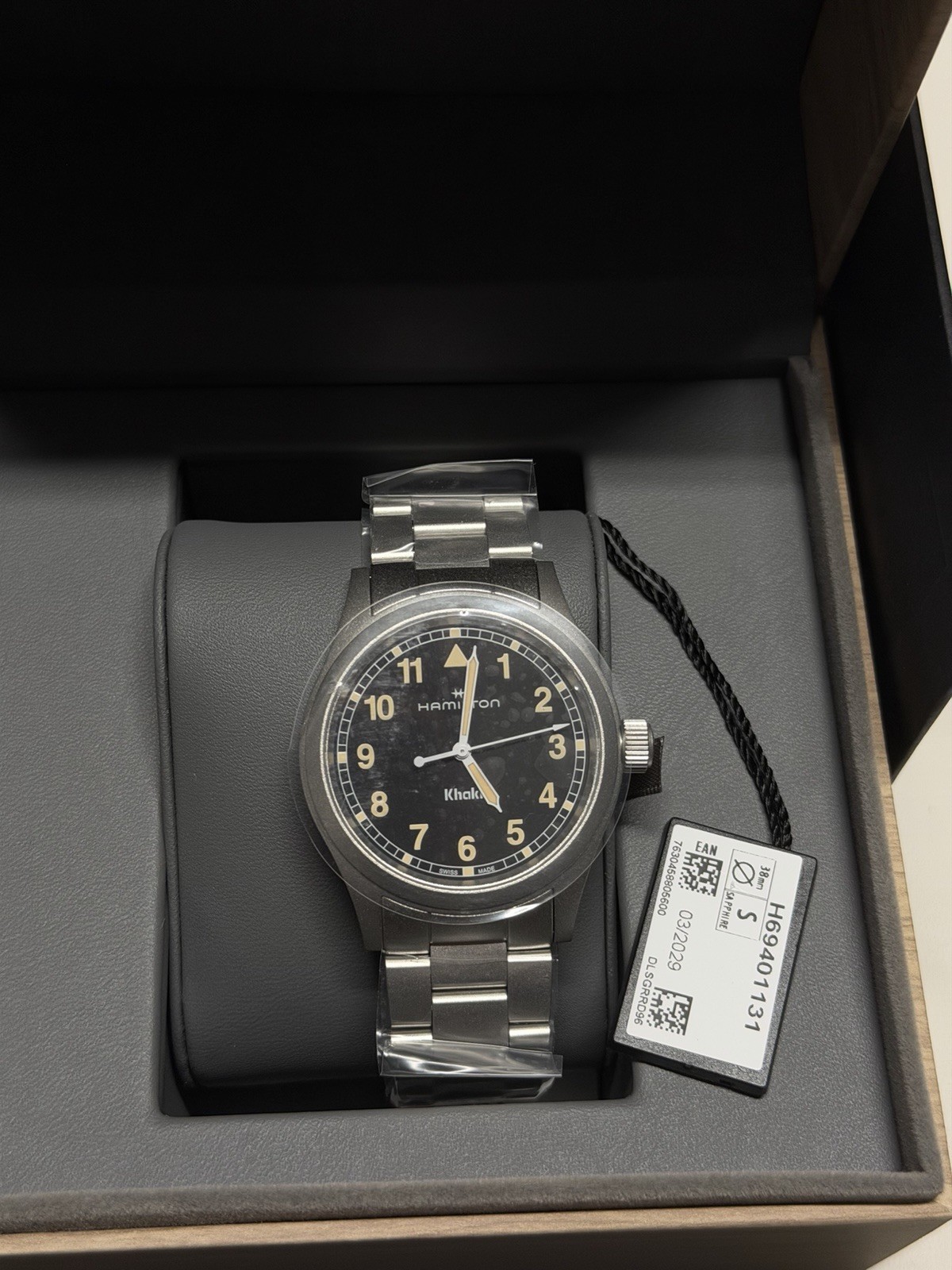 Hamilton Khaki Field Quartz 38mm Black Dial Stainless Steel Bracelet Box Papers