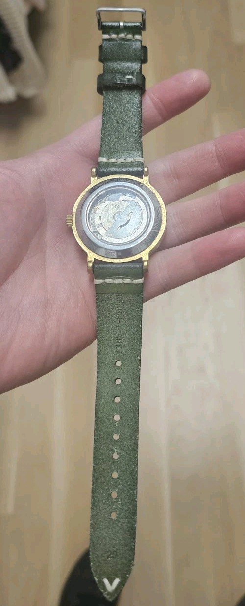 Kessaris Womens Watch 30mm Cream Dial Date Automatic Green Ostrich Leather Strap
