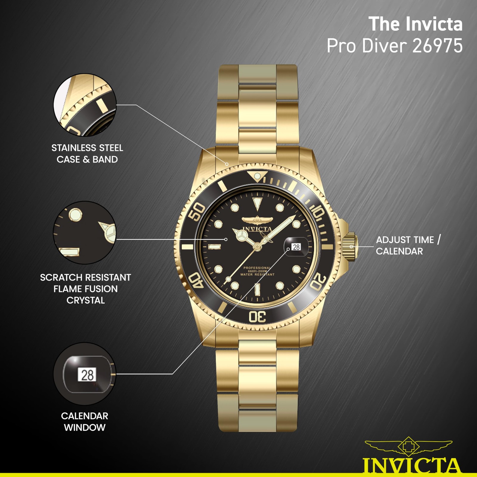 Invicta Men’s Pro Diver Quartz Watch with Stainless Steel Strap, Gold, 20