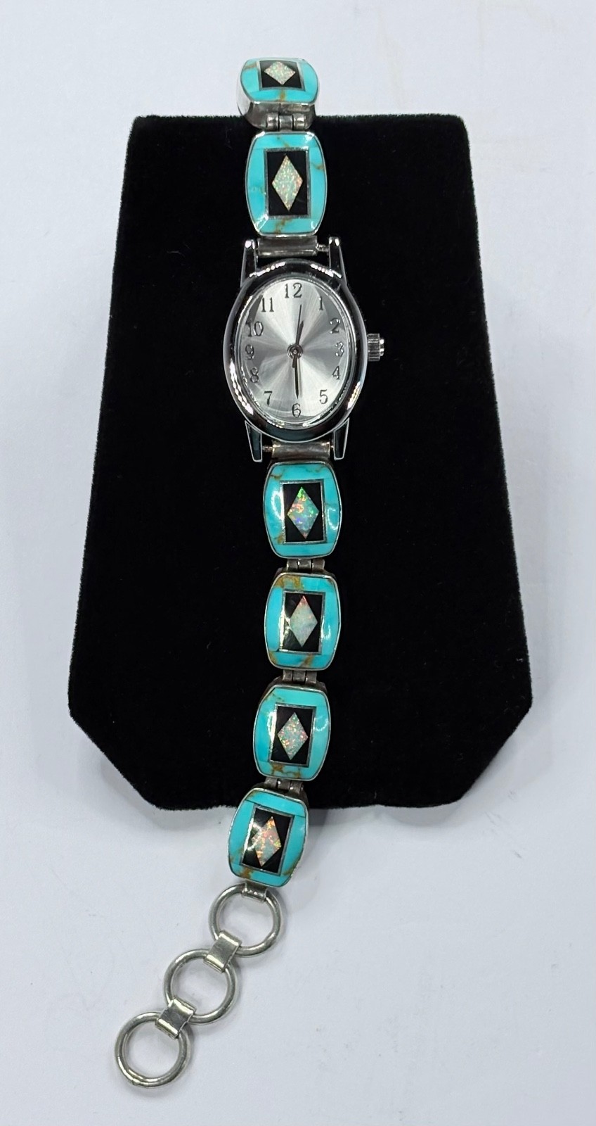 Southwest Style Women’s Bracelet Watch~Sterling, Turquoise, Lab Opal-New/Refurb.
