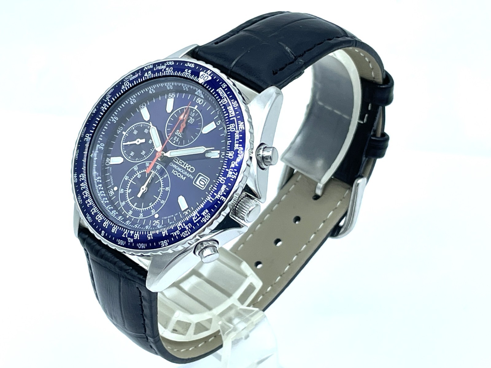 SEIKO Flight master Men’s Chronograph Watch Blue Dial New Band Battery 7T92-0CF0
