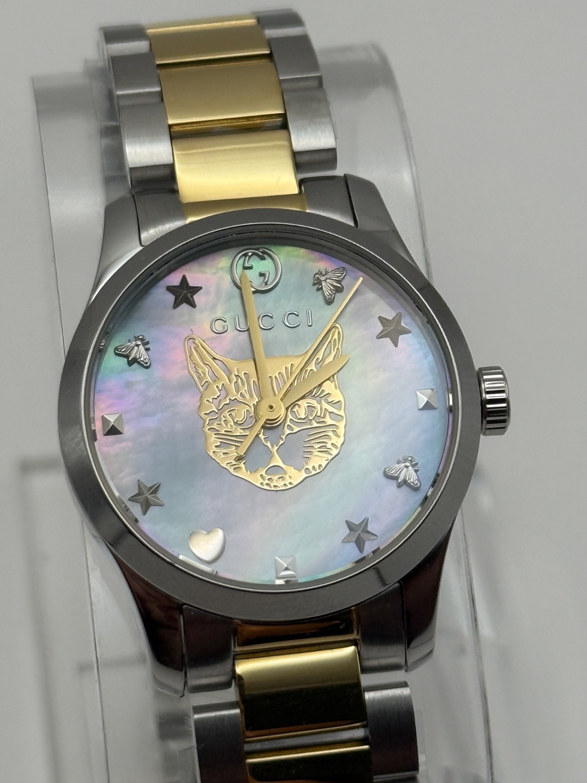 Gucci G Timeless Quartz MOP Blue Dial Two Tone Steel Strap Watch YA1265011
