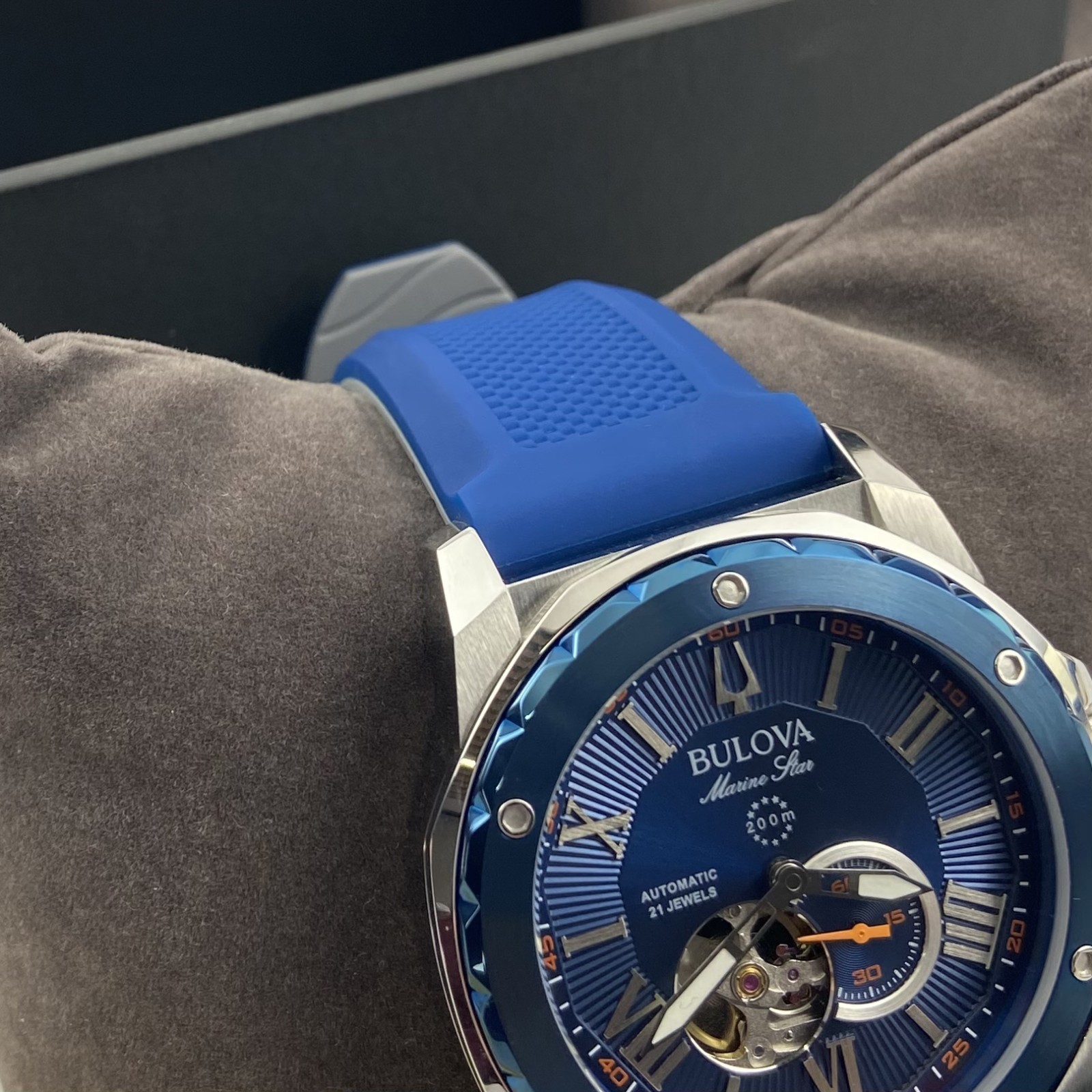 Bulova 98A303 Marine Star Men’s Automatic Watch Blue Dial Blue Rubber Strap 45mm