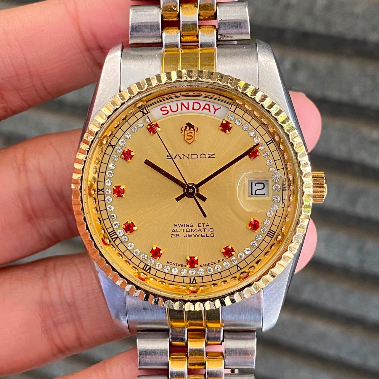 Rare Sandoz President Automatic 25J ETA Diamond Index Gold Day Date Watch Men