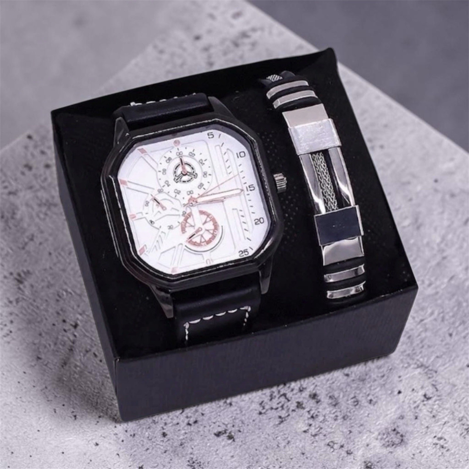 Men’s Square Analog Wristwatch White Dial Black Leather Strap Gift Set Boxed
