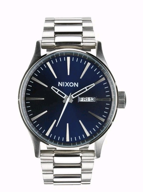 Nixon Sentry SS Silver/Blue Sunray A356-1258 NIB Day Date 42mm