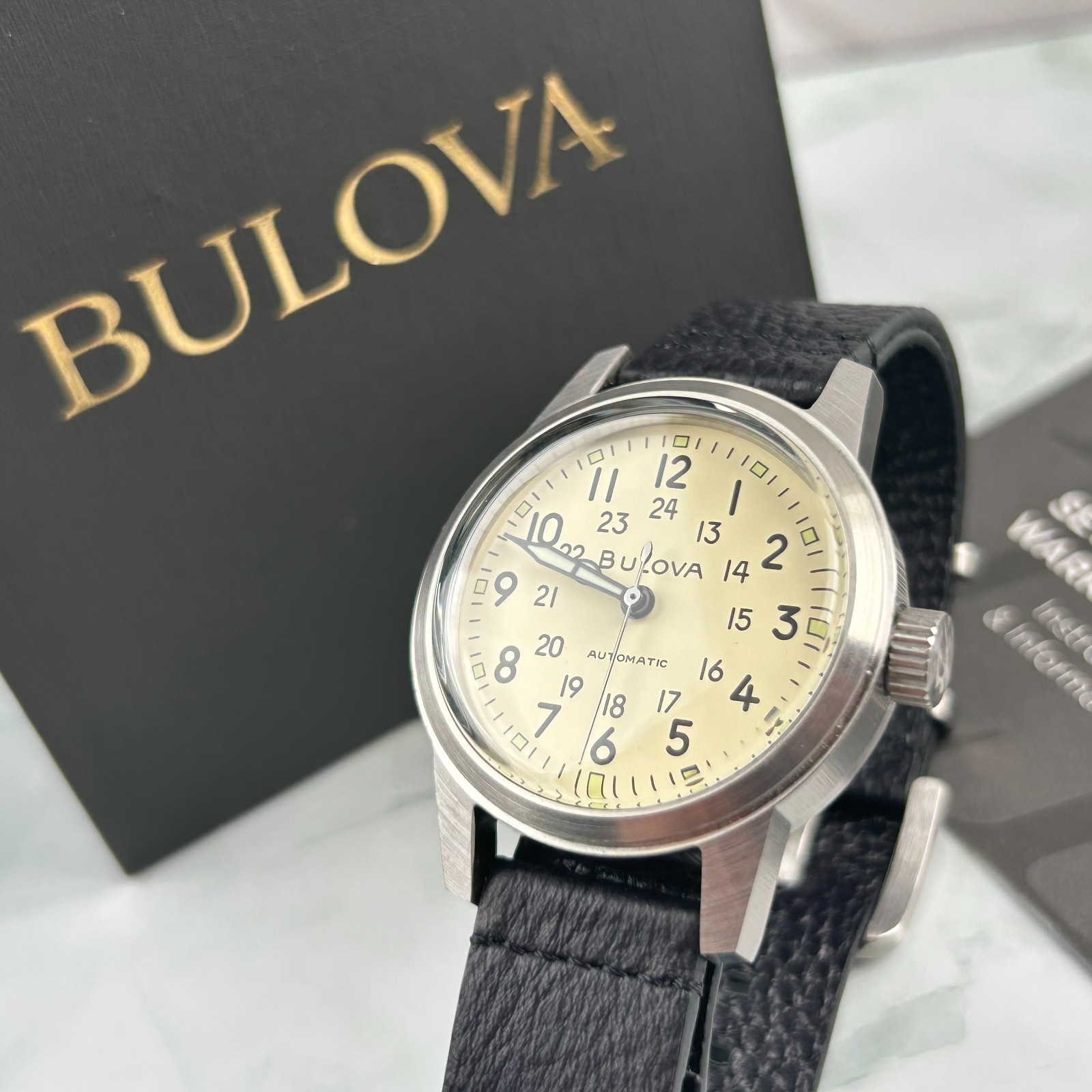 Bulova Men’s Hack Watch 96A246 Ivory Dial Automatic Black Leather Strap New 38mm