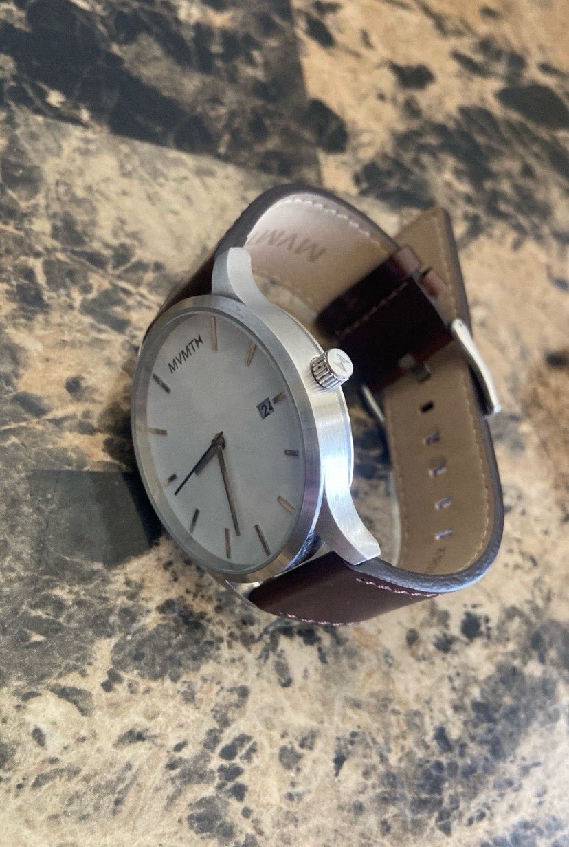 MVMT Men’s Watch – Analog Quartz 45mm Silver Case White Dial Brown Leather Date